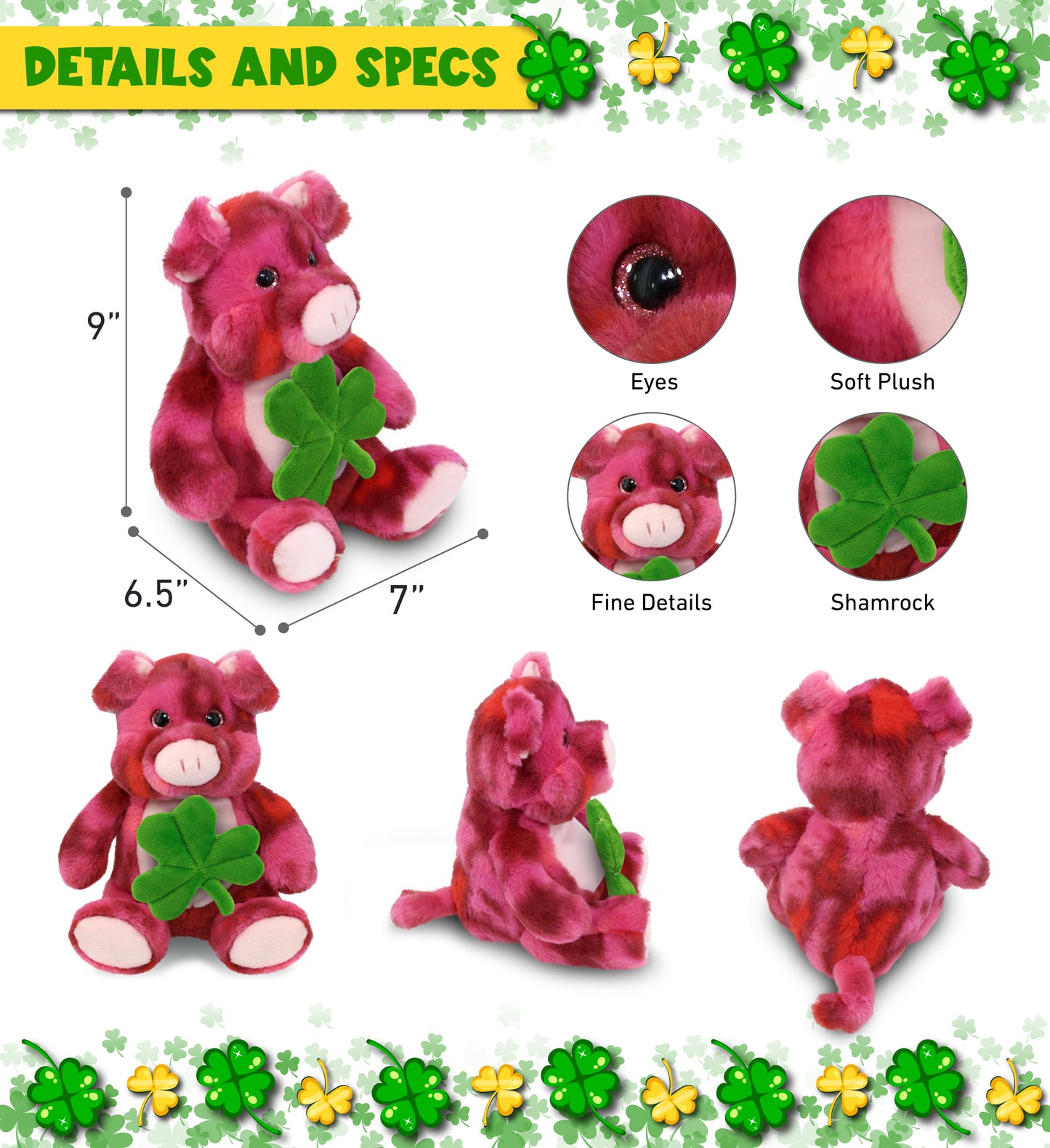 DolliBu Pink Tie-Dye Pig Stuffed Animal with Green Plush Shamrock - 9 Inches