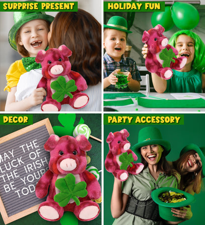 DolliBu Pink Tie-Dye Pig Stuffed Animal with Green Plush Shamrock - 9 Inches
