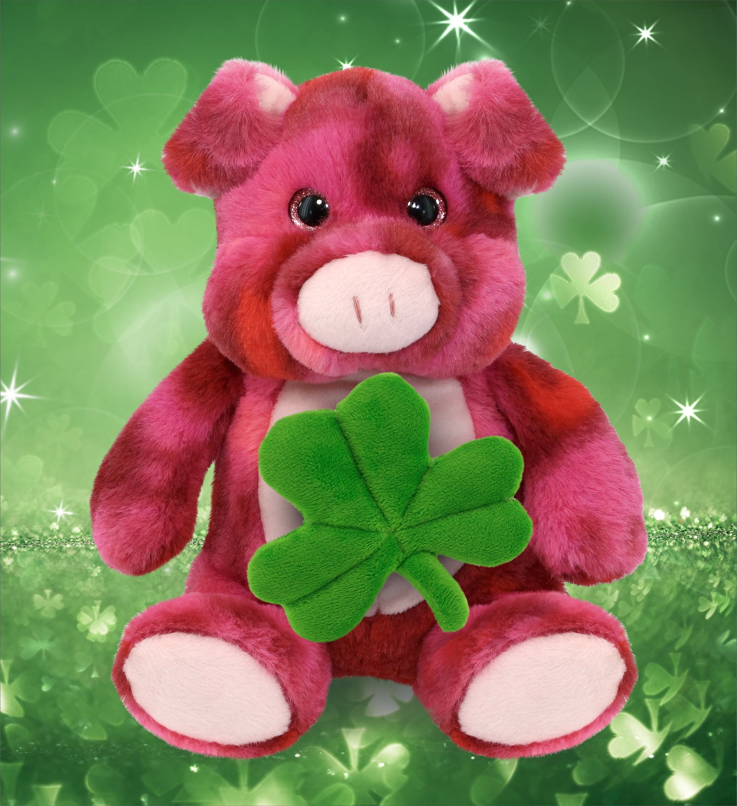 DolliBu Pink Tie-Dye Pig Stuffed Animal with Green Plush Shamrock - 9 Inches