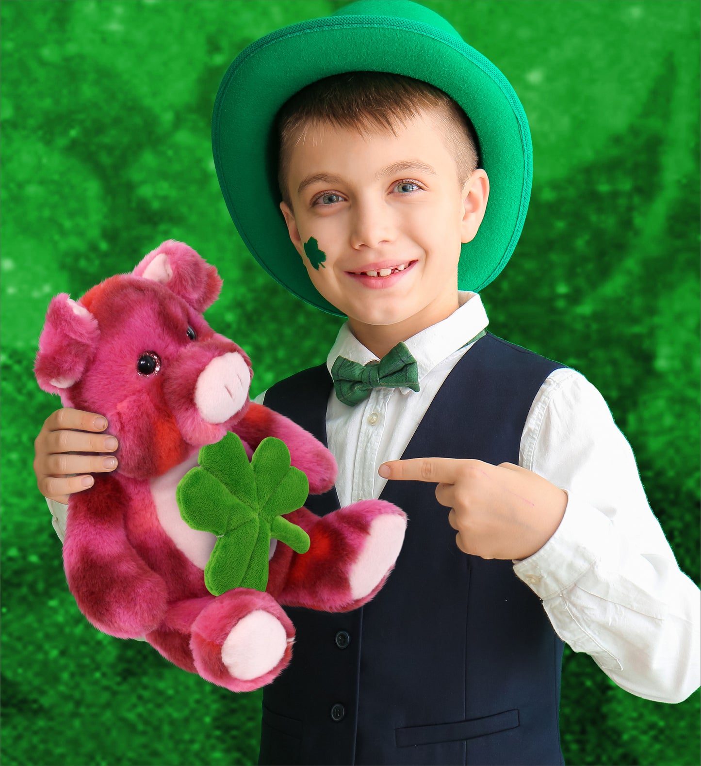 DolliBu Pink Tie-Dye Pig Stuffed Animal with Green Plush Shamrock - 9 Inches