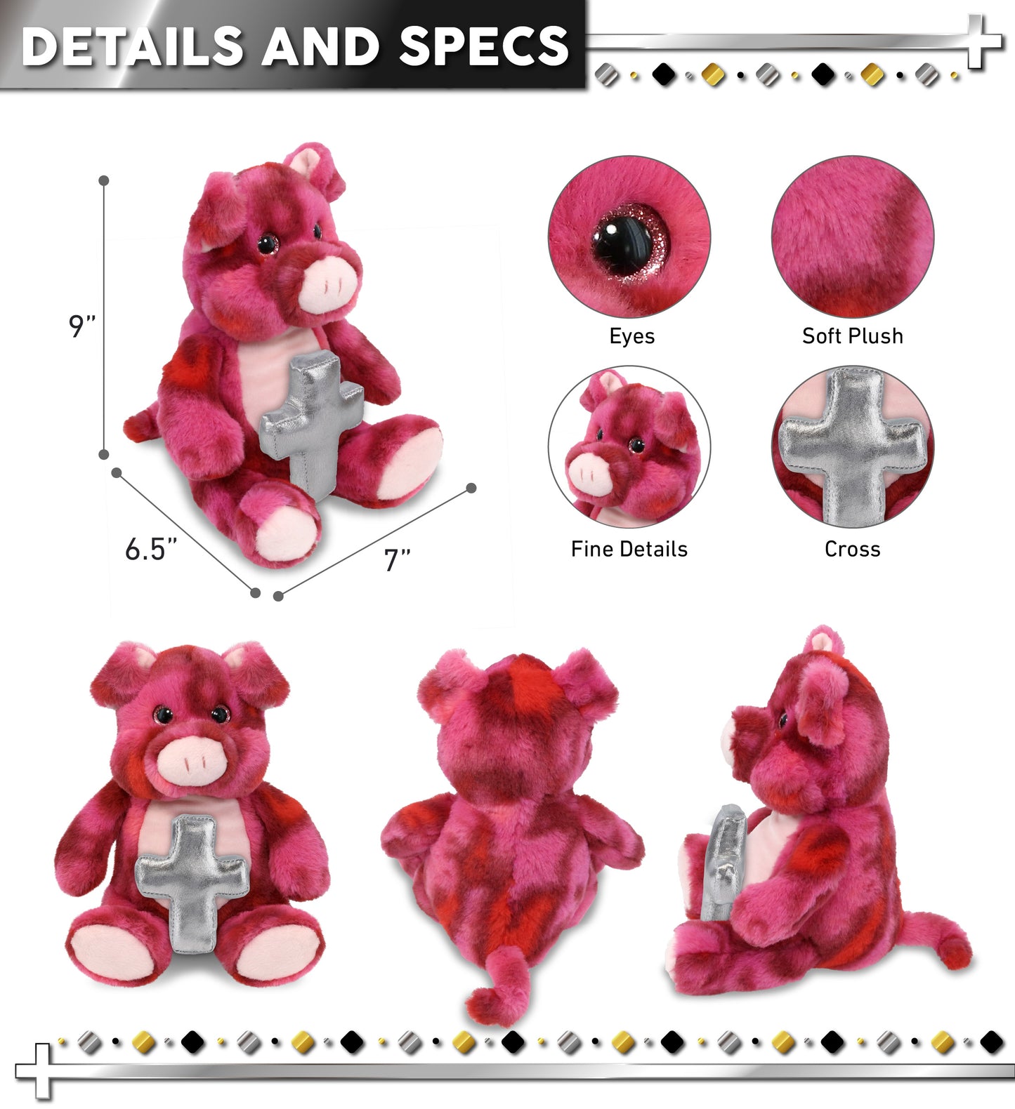 SUPER-SOFT PLUSH - PINK TIE-DYE PIG 9" WITH CROSS PLUSH