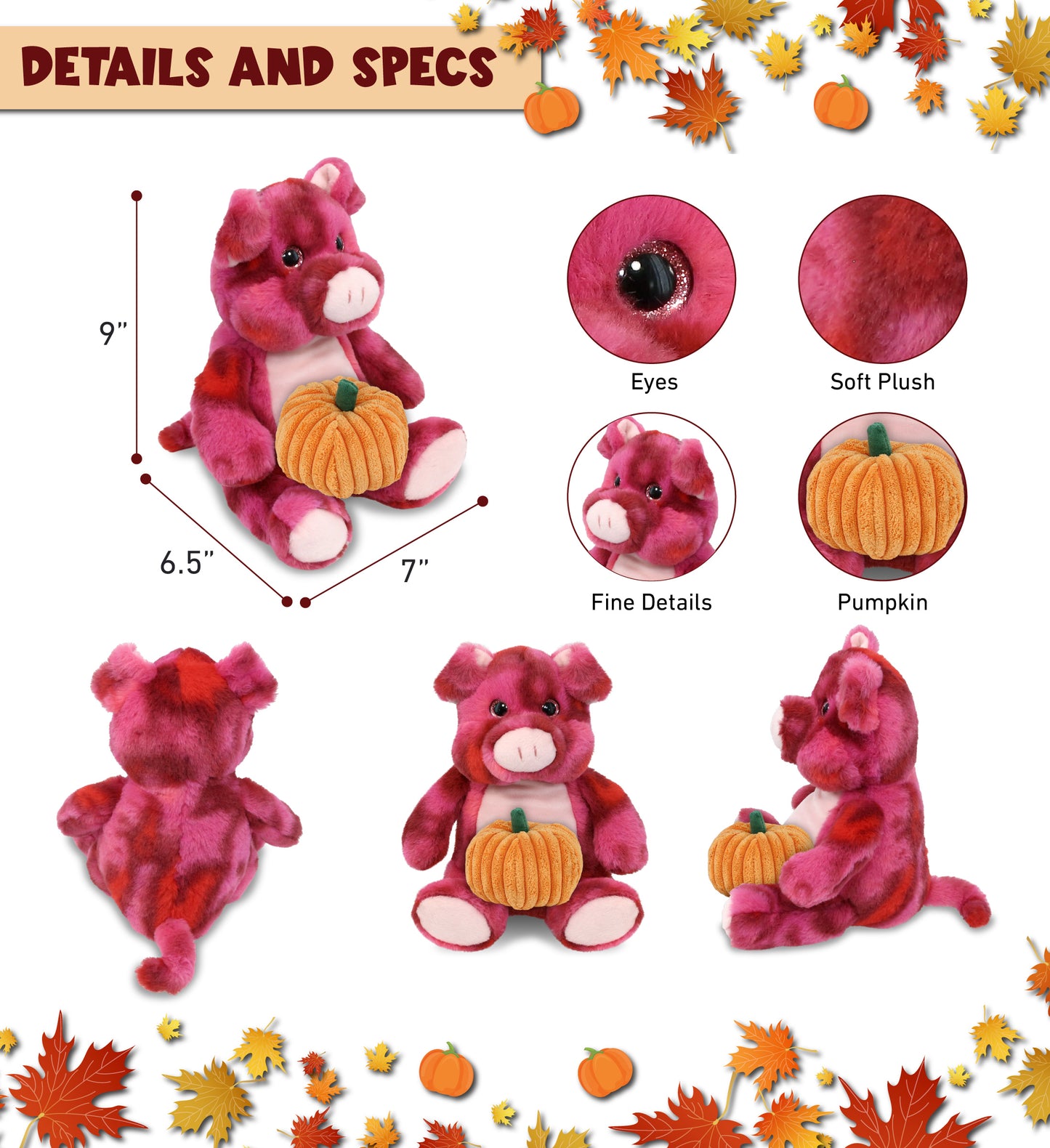 SUPER-SOFT PLUSH - PINK TIE-DYE PIG 9" WITH PUMPKIN PLUSH