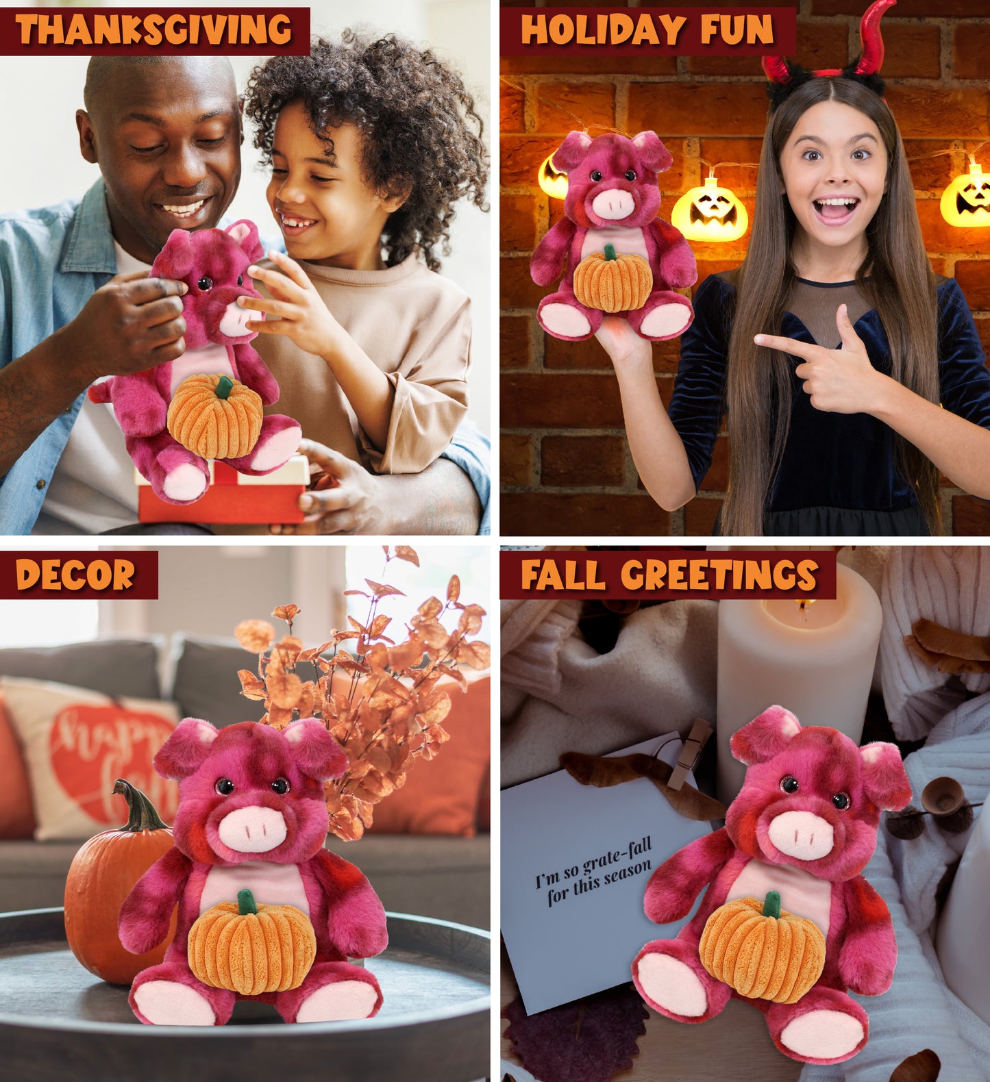 SUPER-SOFT PLUSH - PINK TIE-DYE PIG 9" WITH PUMPKIN PLUSH