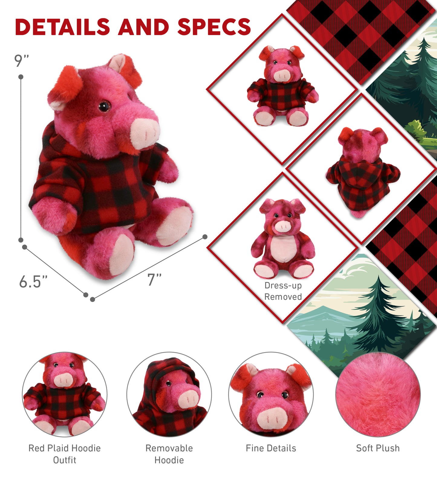 SUPER-SOFT PLUSH - PINK TIE-DYE PIG 9" WITH RED PLAID HOODIE