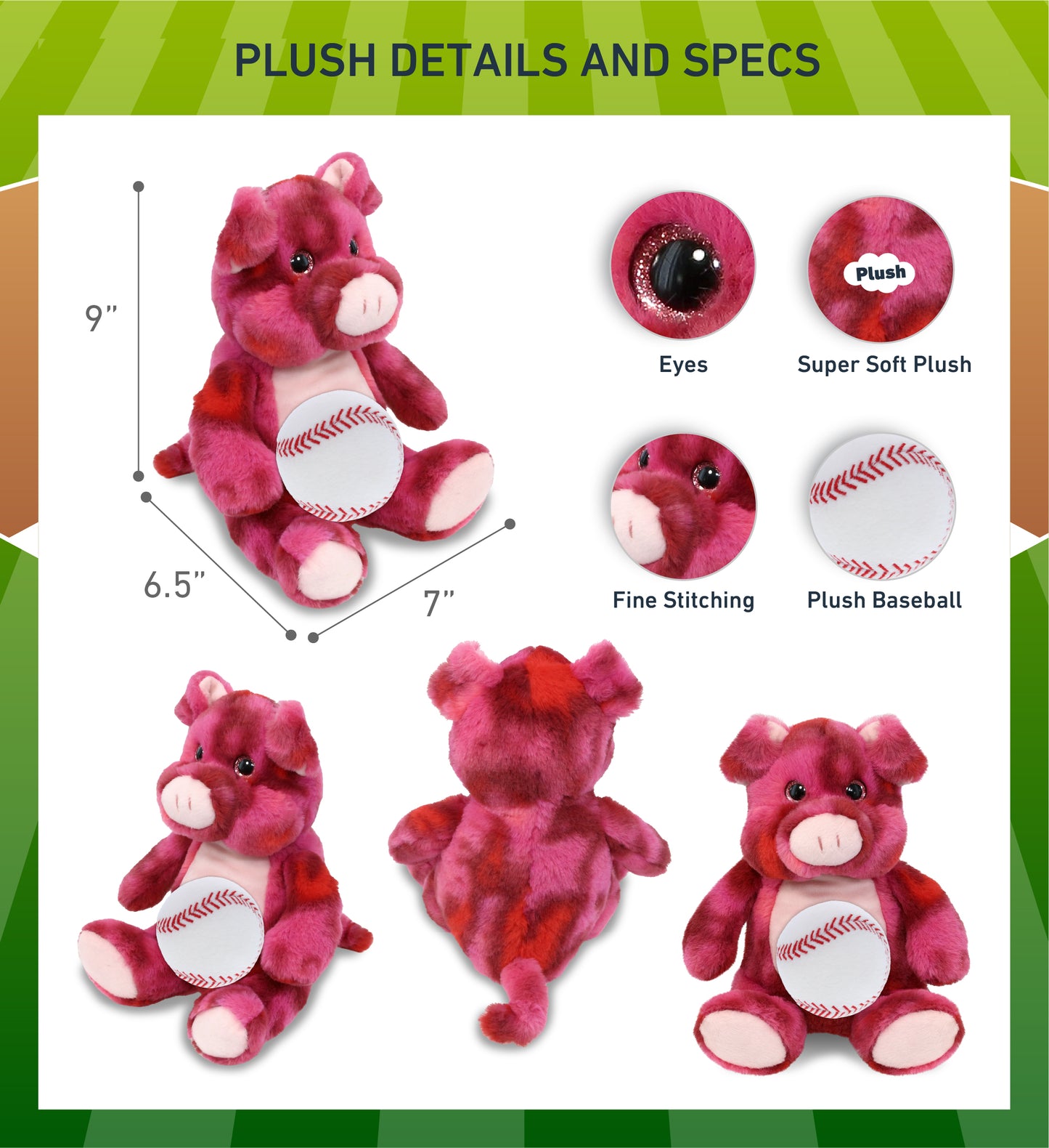 SUPER-SOFT PLUSH - PINK TIE-DYE PIG 9" WITH BASEBALL PLUSH