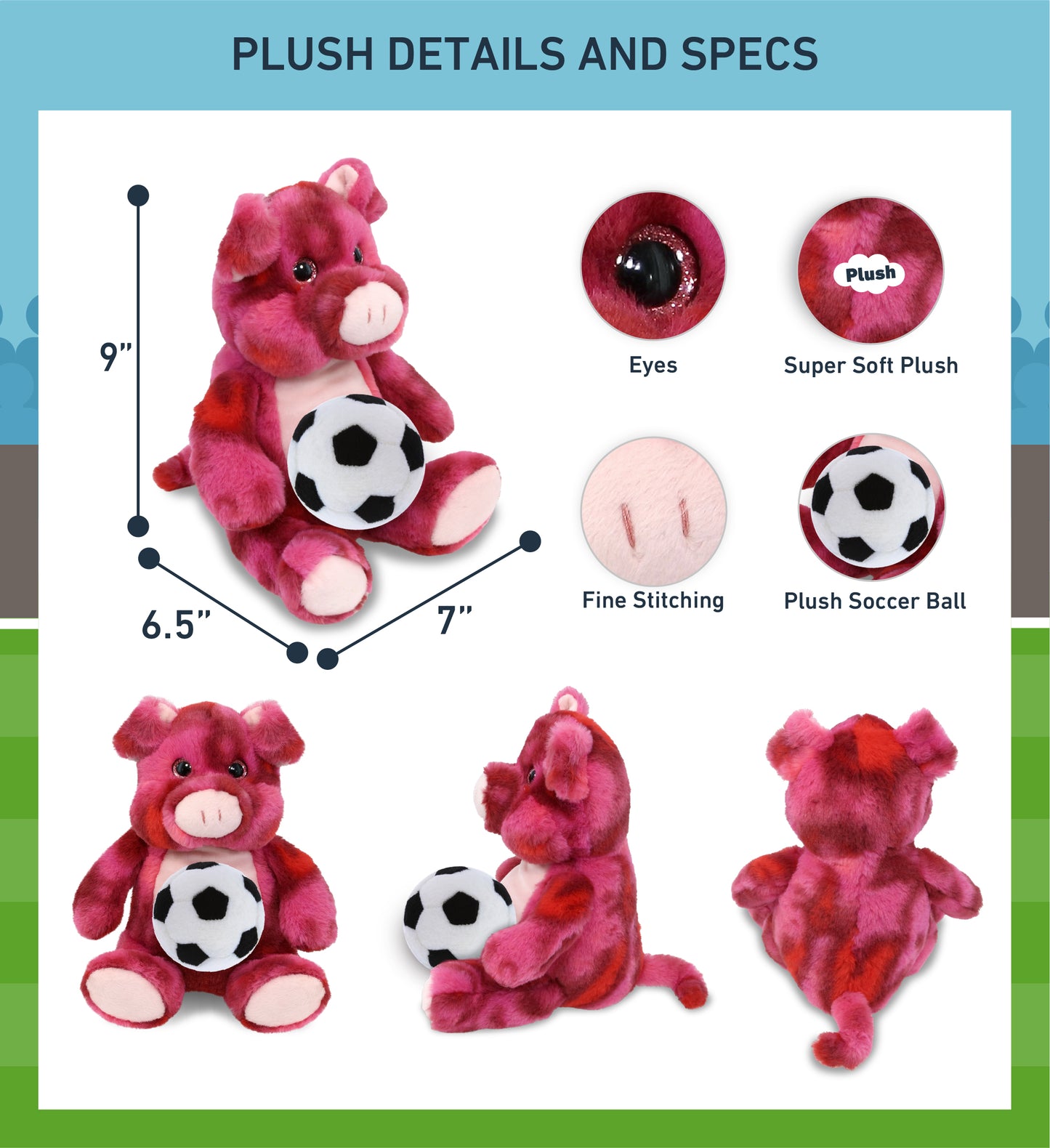 SUPER-SOFT PLUSH - PINK TIE-DYE PIG 9" WITH SOCCER PLUSH
