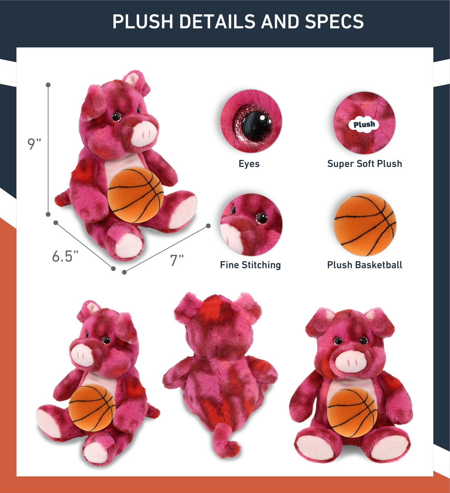 SUPER-SOFT PLUSH - PINK TIE-DYE PIG 9" WITH BASKETBALL PLUSH