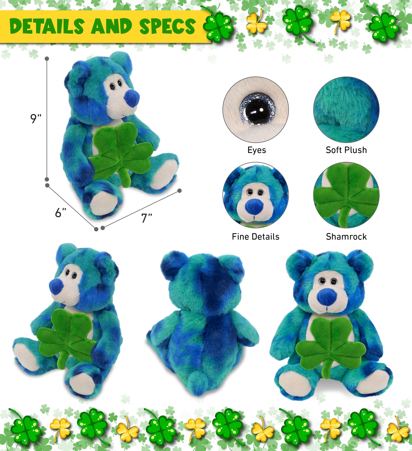 DolliBu Blue Tie-Dye Bear Stuffed Animal with Green Plush Shamrock - 9 Inches