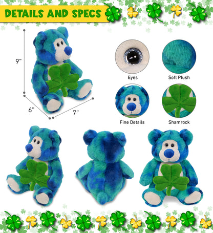DolliBu Blue Tie-Dye Bear Stuffed Animal with Green Plush Shamrock - 9 Inches