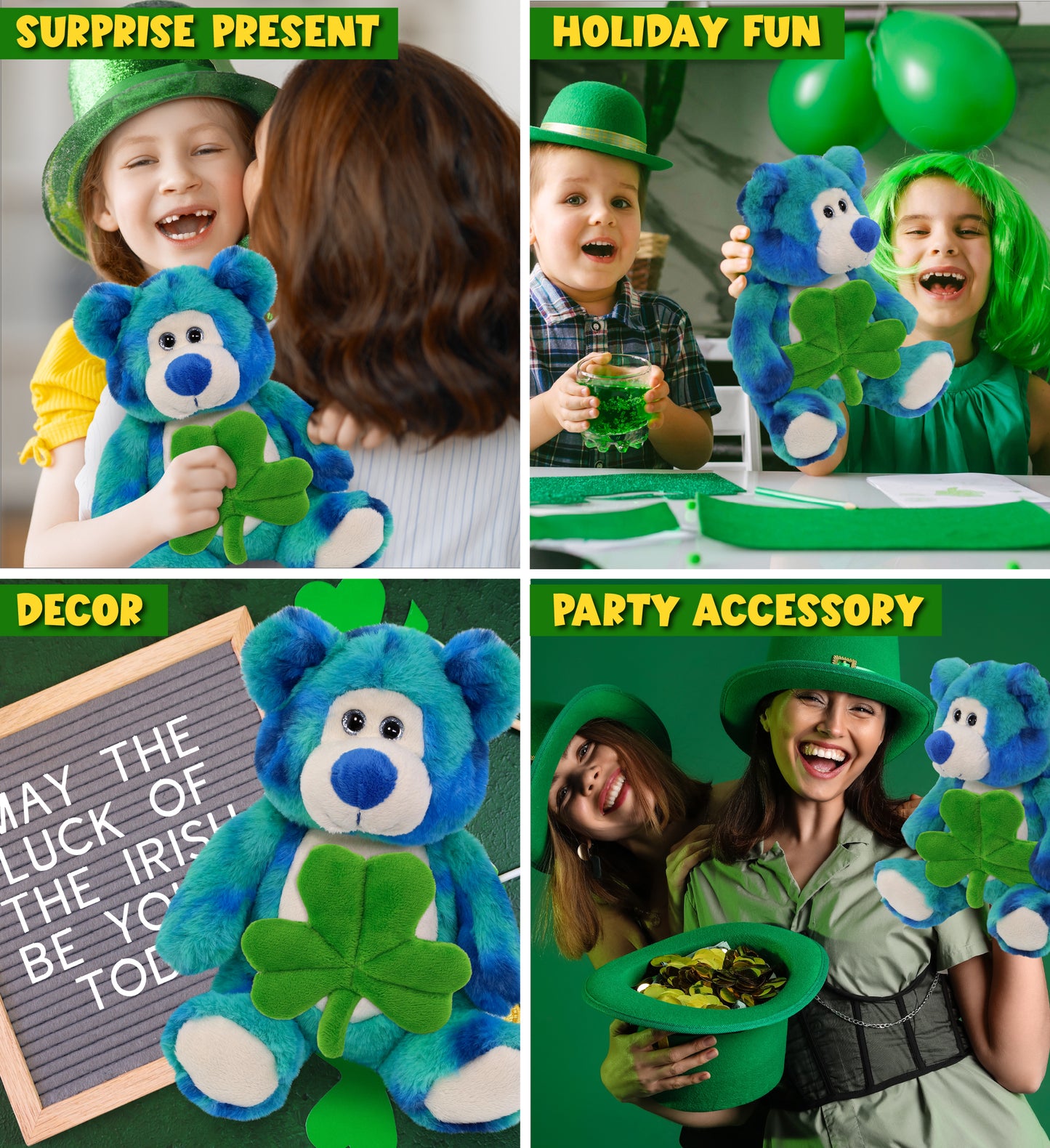 DolliBu Blue Tie-Dye Bear Stuffed Animal with Green Plush Shamrock - 9 Inches