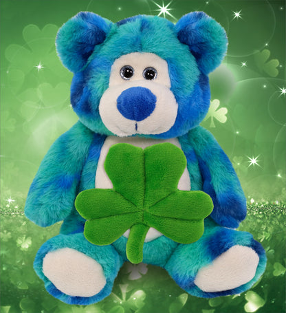 DolliBu Blue Tie-Dye Bear Stuffed Animal with Green Plush Shamrock - 9 Inches