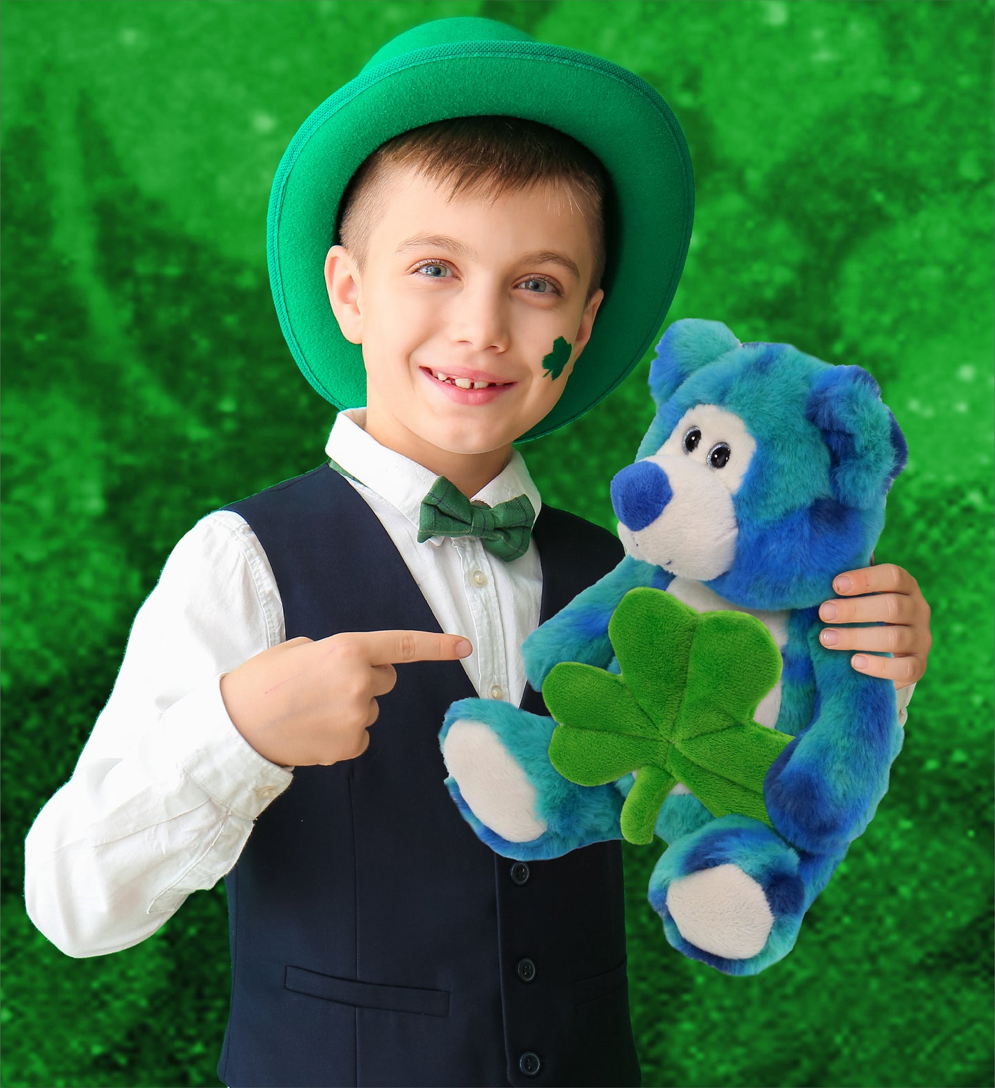 DolliBu Blue Tie-Dye Bear Stuffed Animal with Green Plush Shamrock - 9 Inches