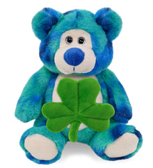 DolliBu Blue Tie-Dye Bear Stuffed Animal with Green Plush Shamrock - 9 Inches