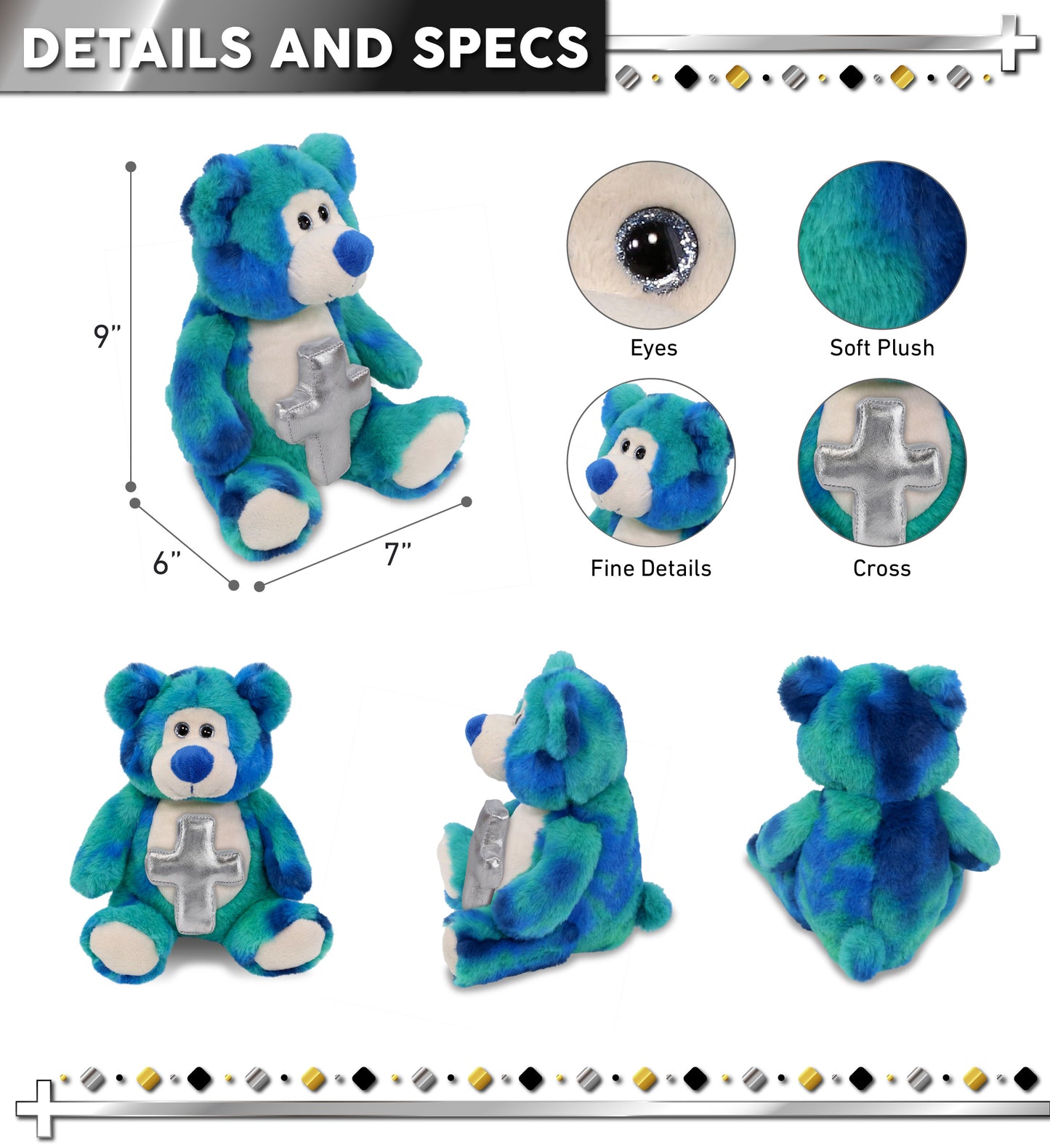 SUPER-SOFT PLUSH - BLUE TIE-DYE BEAR 9" WITH CROSS PLUSH