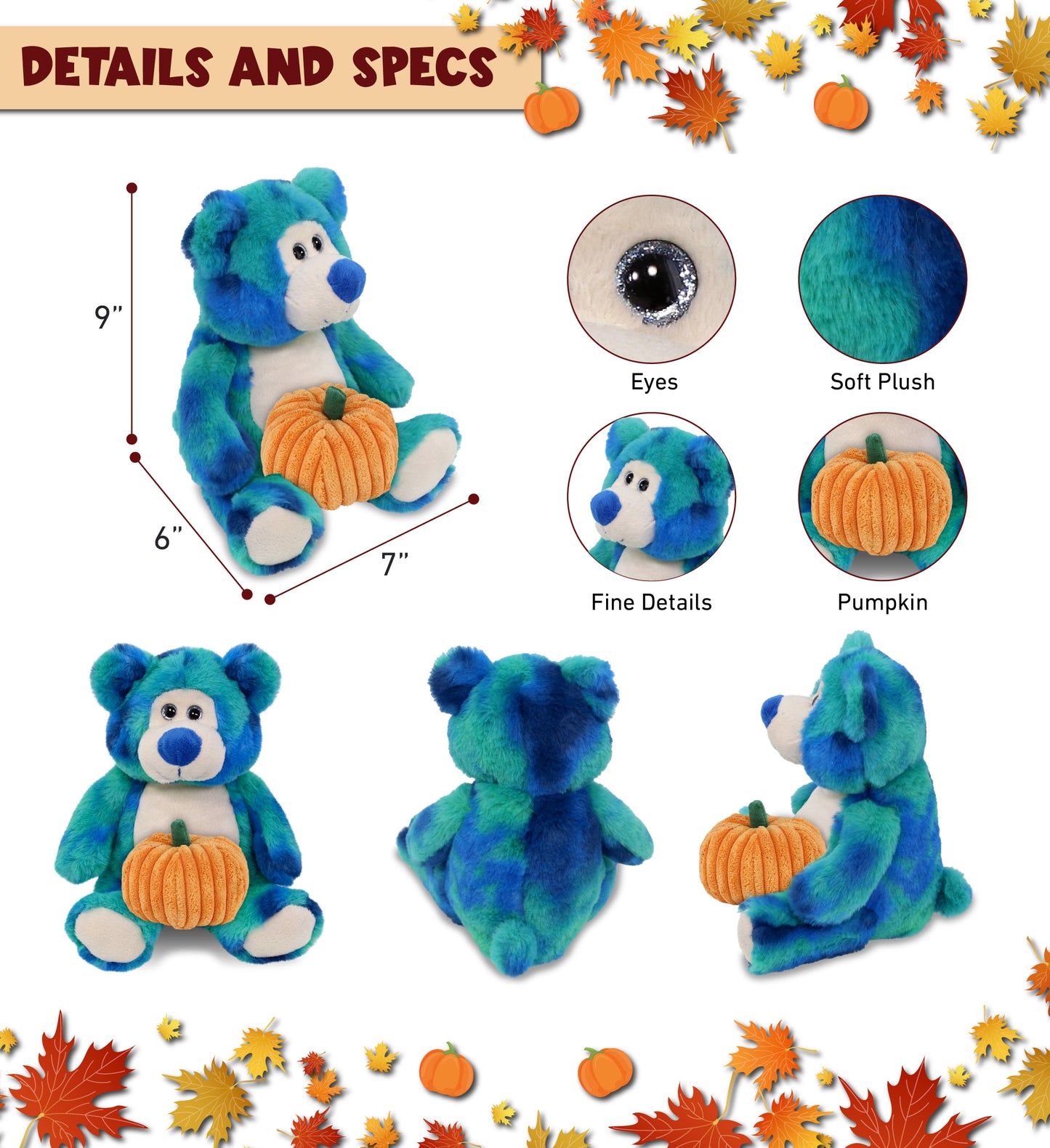 SUPER-SOFT PLUSH - BLUE TIE-DYE BEAR 9" WITH PUMPKIN PLUSH
