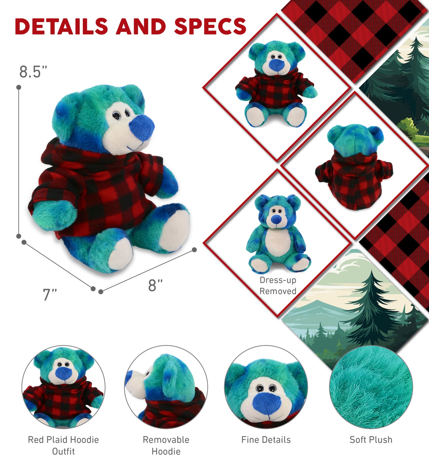 SUPER-SOFT PLUSH - BLUE TIE-DYE BEAR 9" WITH RED PLAID HOODIE