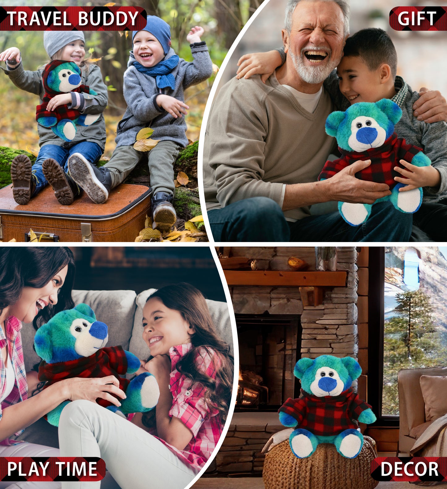 SUPER-SOFT PLUSH - BLUE TIE-DYE BEAR 9" WITH RED PLAID HOODIE