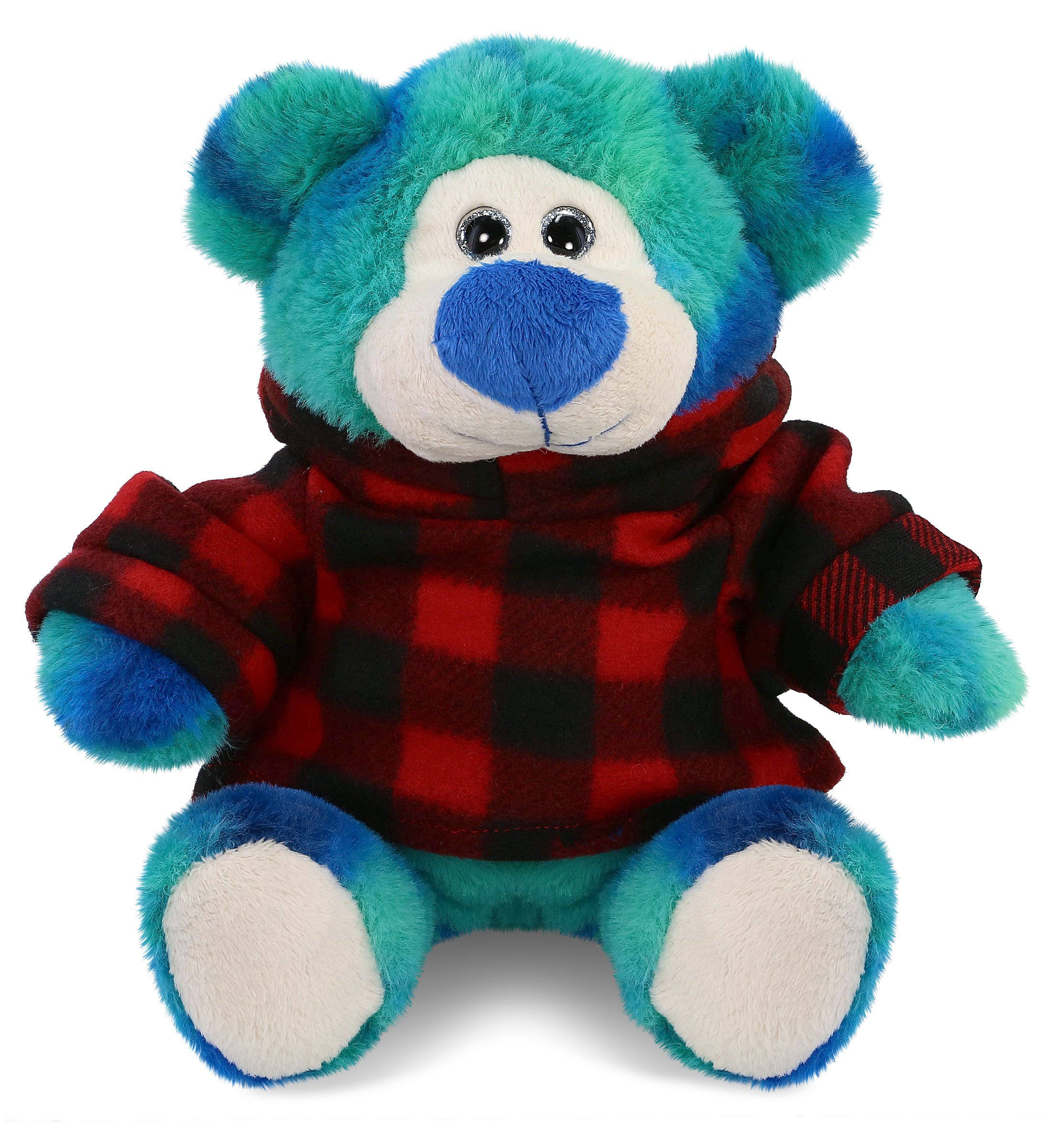 SUPER-SOFT PLUSH - BLUE TIE-DYE BEAR 9" WITH RED PLAID HOODIE