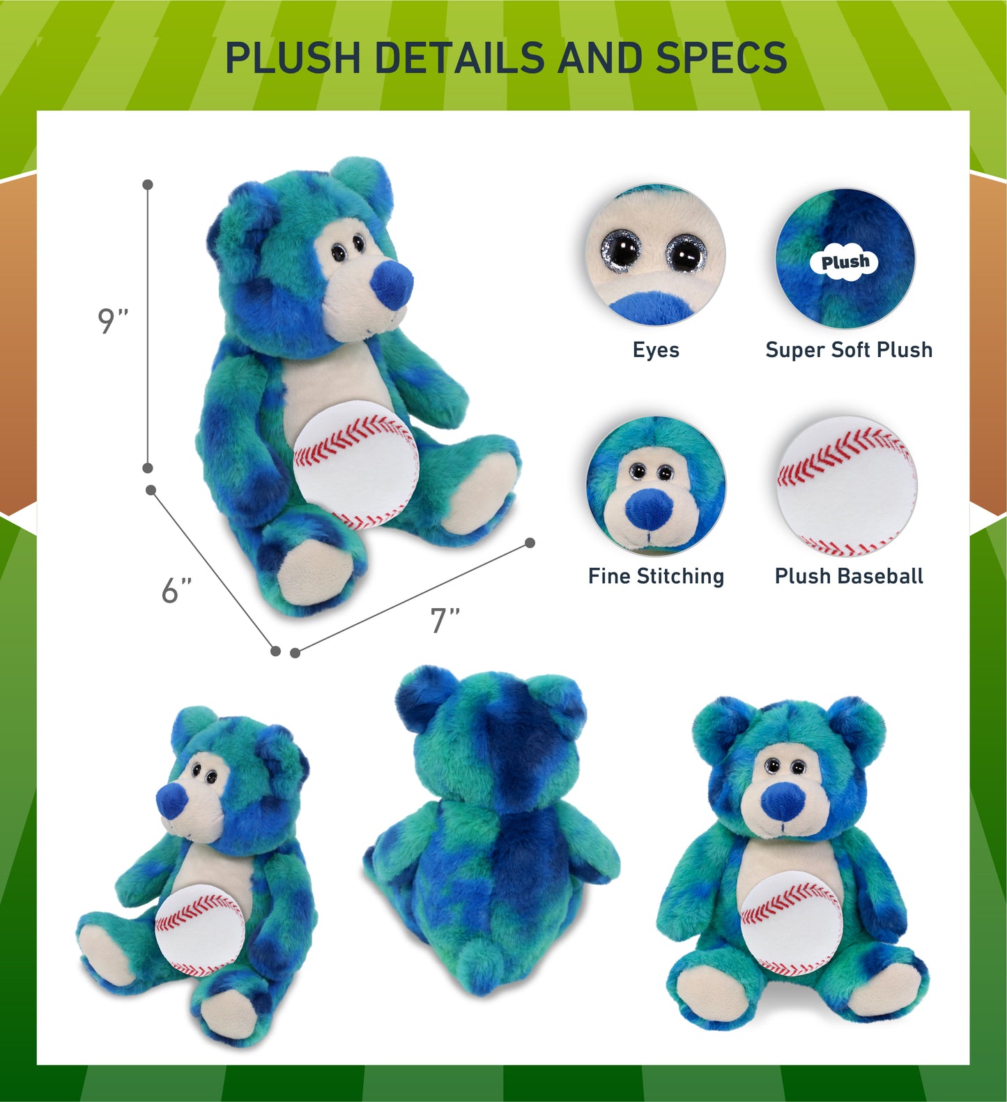 SUPER-SOFT PLUSH - BLUE TIE-DYE BEAR 9" WITH BASEBALL PLUSH