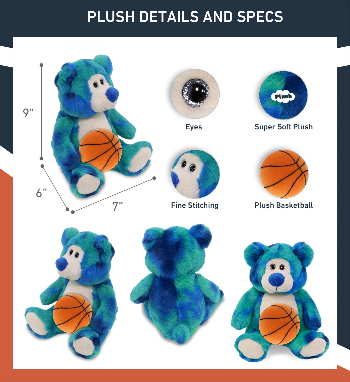 SUPER-SOFT PLUSH - BLUE TIE-DYE BEAR 9" WITH BASKETBALL PLUSH