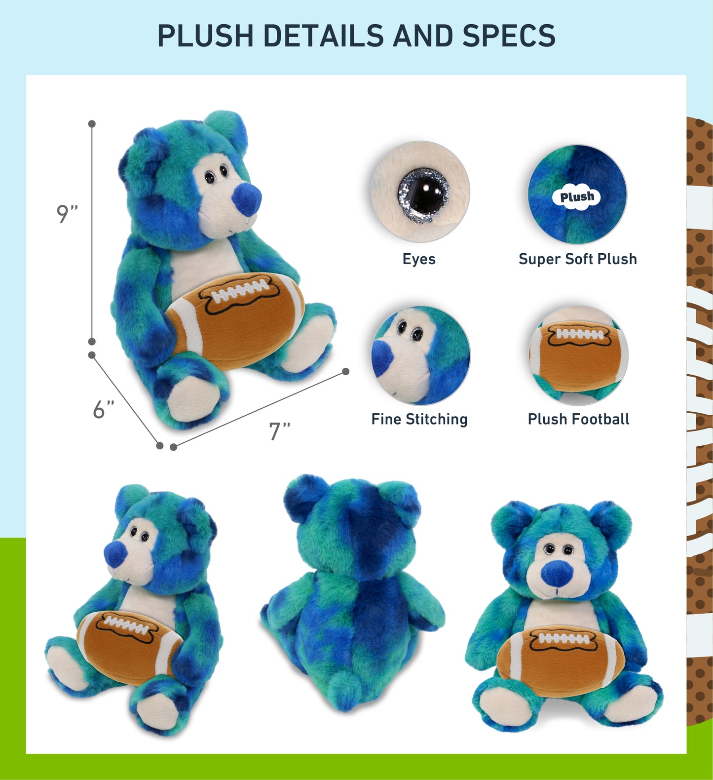 SUPER-SOFT PLUSH - BLUE TIE-DYE BEAR 9" WITH FOOTBALL PLUSH