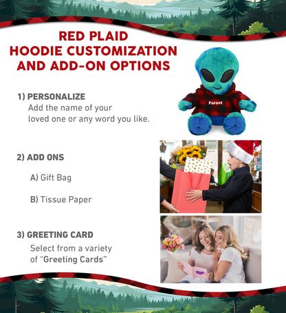 SUPER-SOFT PLUSH - BLUE TIE-DYE ALIEN 9" WITH RED PLAID HOODIE