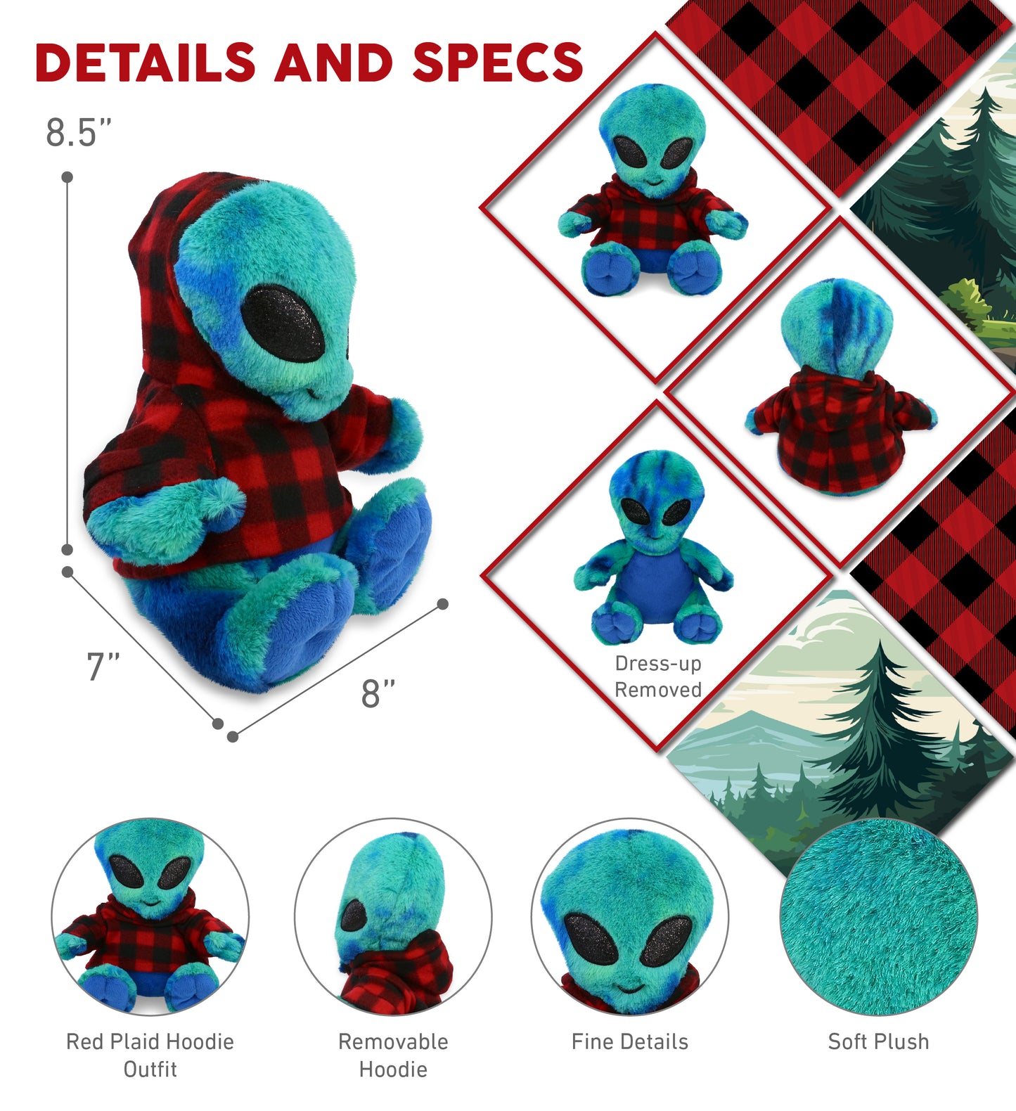 SUPER-SOFT PLUSH - BLUE TIE-DYE ALIEN 9" WITH RED PLAID HOODIE