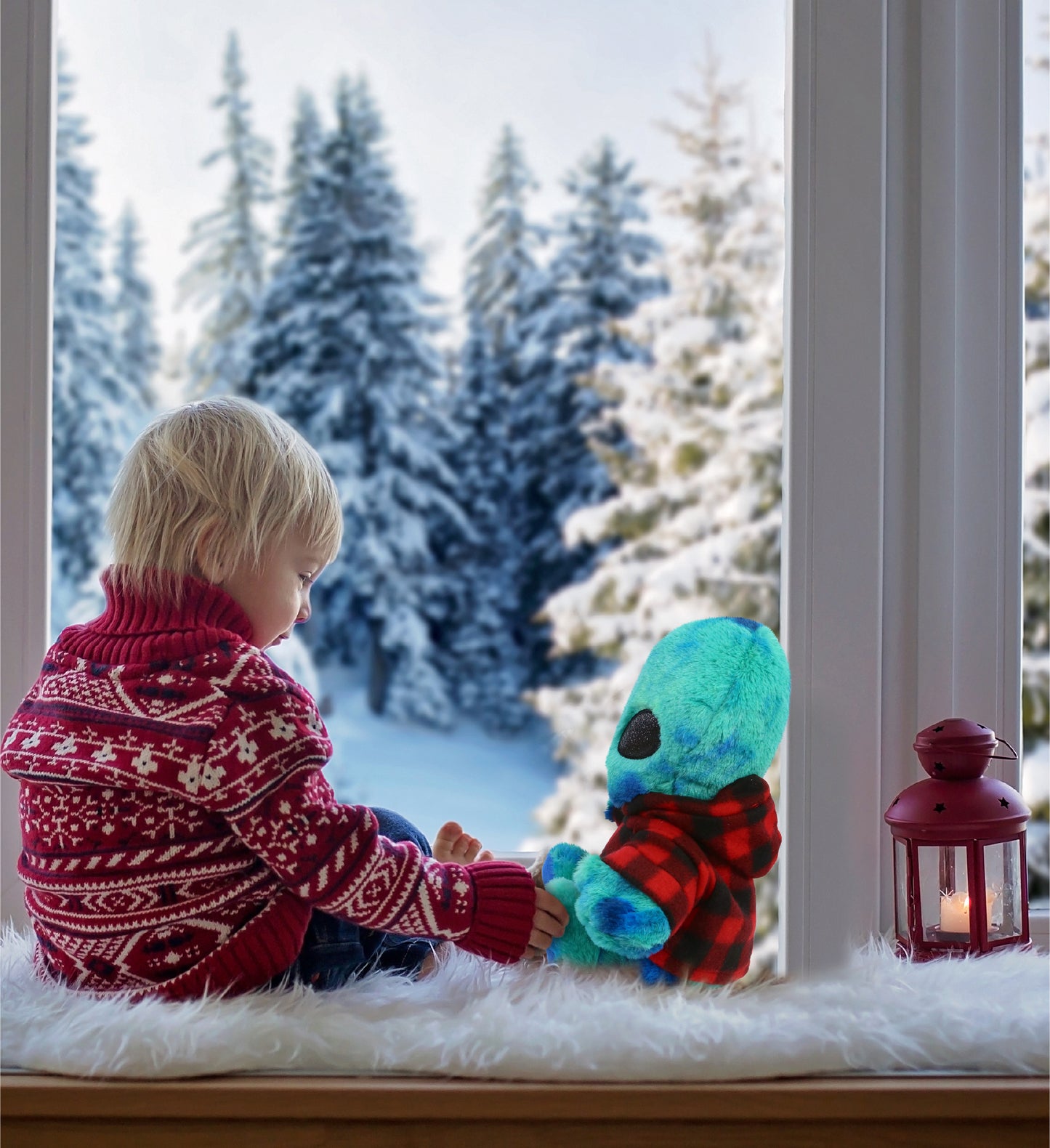 SUPER-SOFT PLUSH - BLUE TIE-DYE ALIEN 9" WITH RED PLAID HOODIE