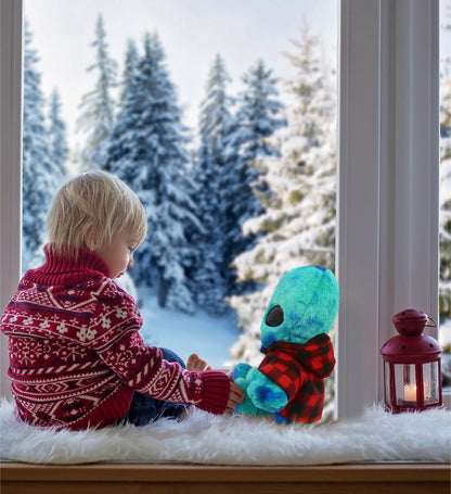 SUPER-SOFT PLUSH - BLUE TIE-DYE ALIEN 9" WITH RED PLAID HOODIE