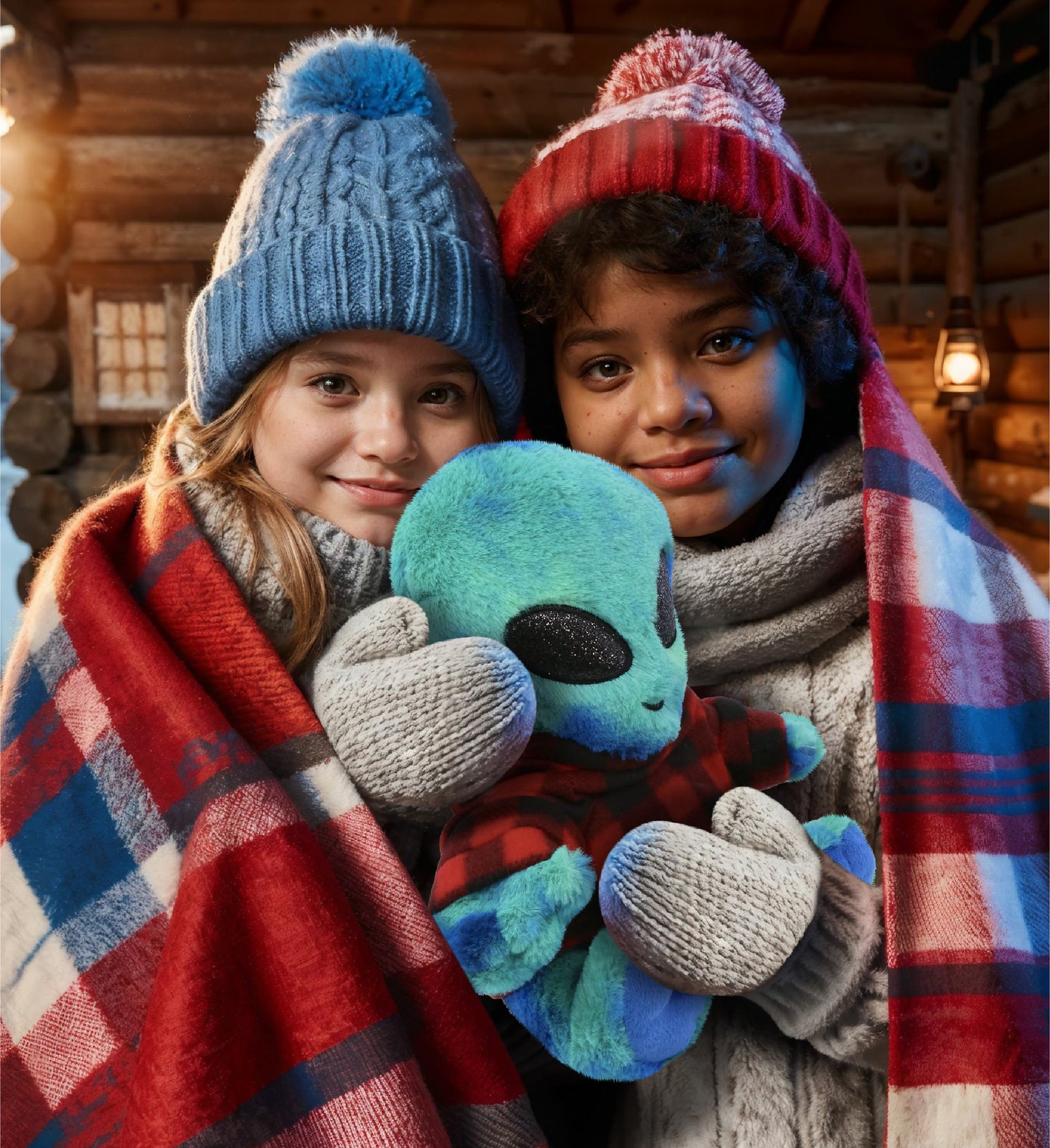 SUPER-SOFT PLUSH - BLUE TIE-DYE ALIEN 9" WITH RED PLAID HOODIE