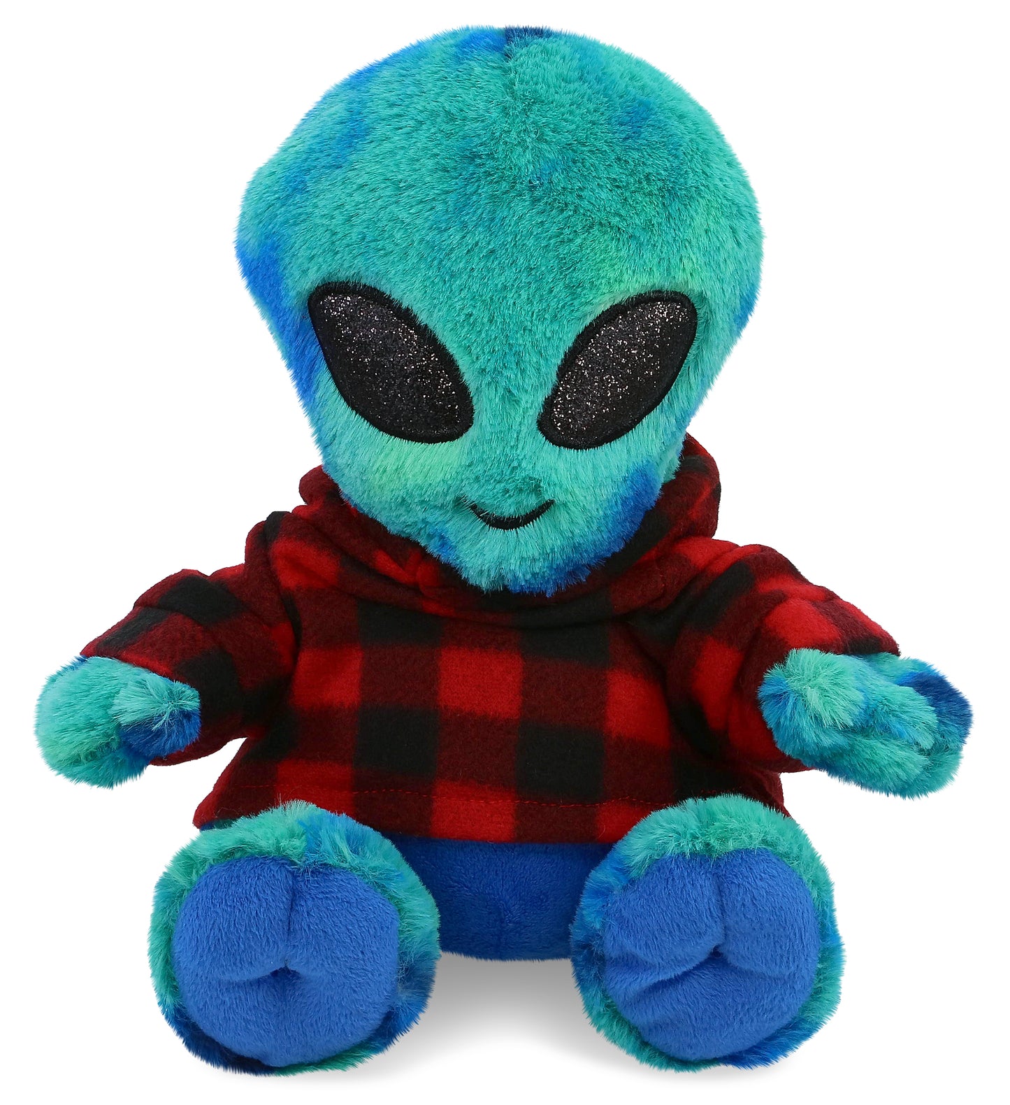 SUPER-SOFT PLUSH - BLUE TIE-DYE ALIEN 9" WITH RED PLAID HOODIE