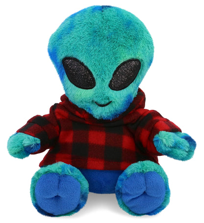 SUPER-SOFT PLUSH - BLUE TIE-DYE ALIEN 9" WITH RED PLAID HOODIE