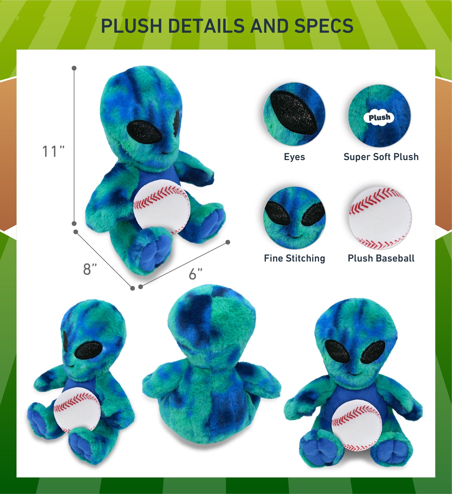 SUPER-SOFT PLUSH - BLUE TIE-DYE ALIEN 9" WITH BASEBALL PLUSH