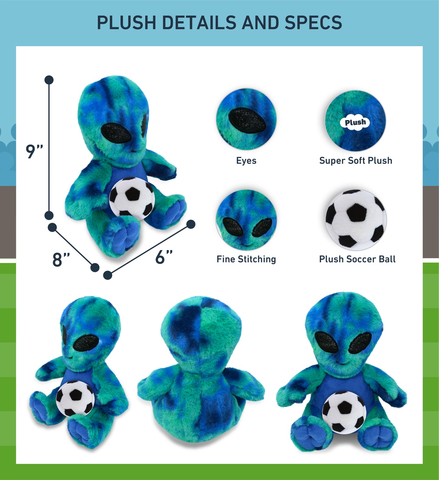 SUPER-SOFT PLUSH - BLUE TIE-DYE ALIEN 9" WITH SOCCER PLUSH