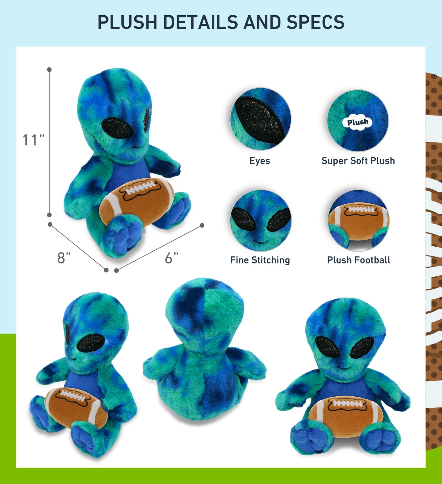 SUPER-SOFT PLUSH - BLUE TIE-DYE ALIEN 9" WITH FOOTBALL PLUSH