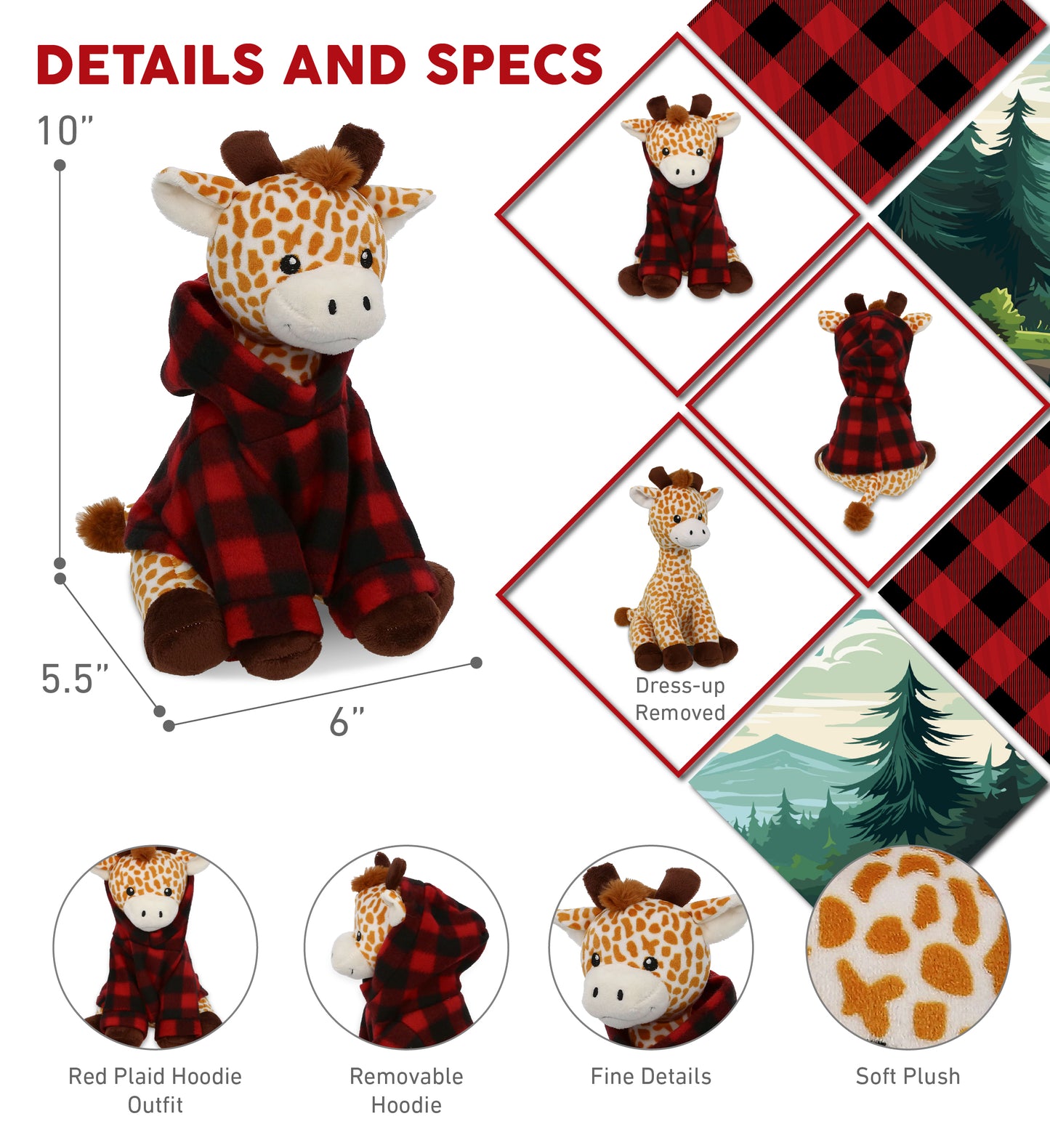 PLUSH - GIRAFFE 10" WITH RED PLAID HOODIE