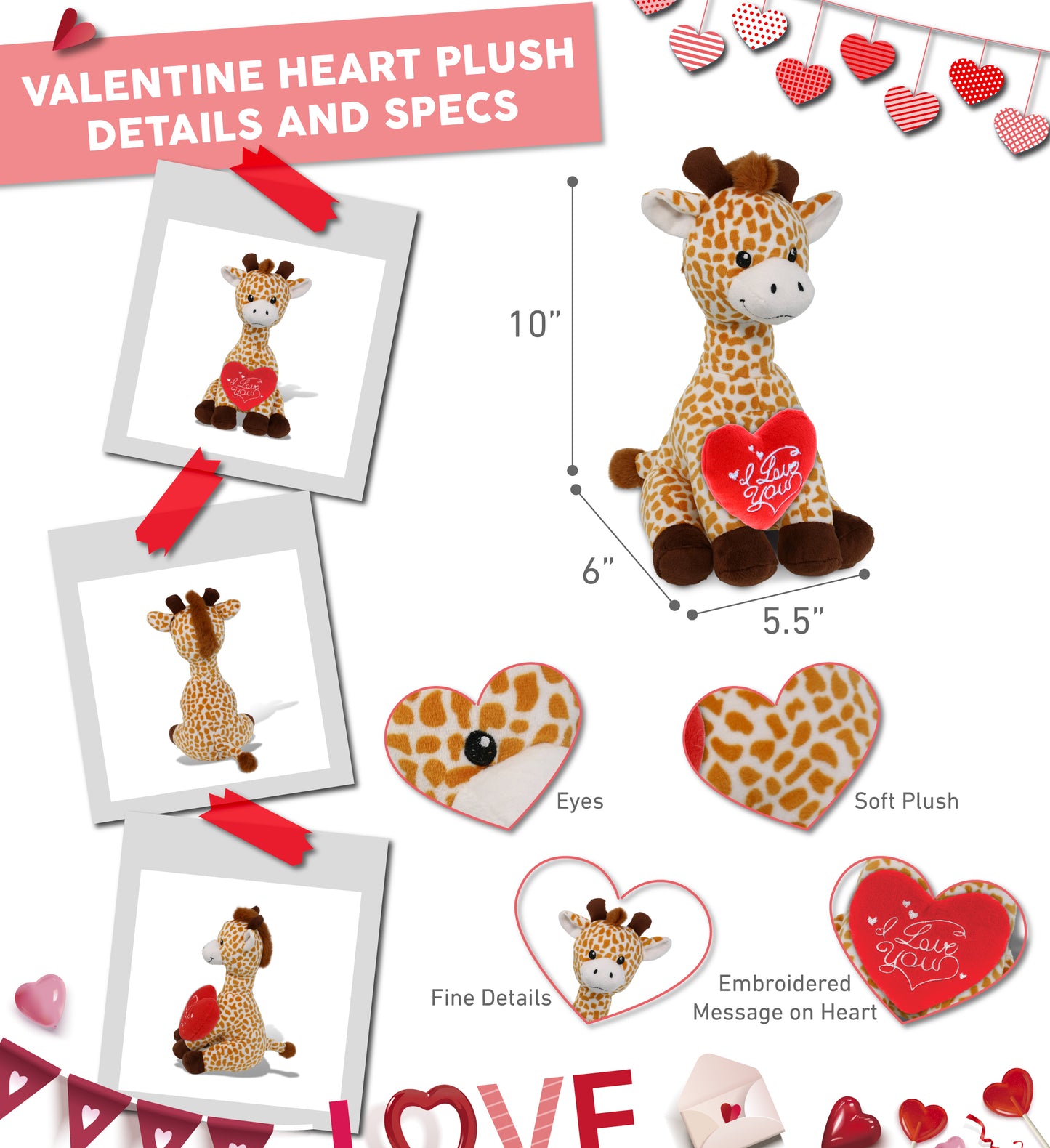 PLUSH I LOVE YOU RED HEART - PLUSH - GIRAFFE 10"