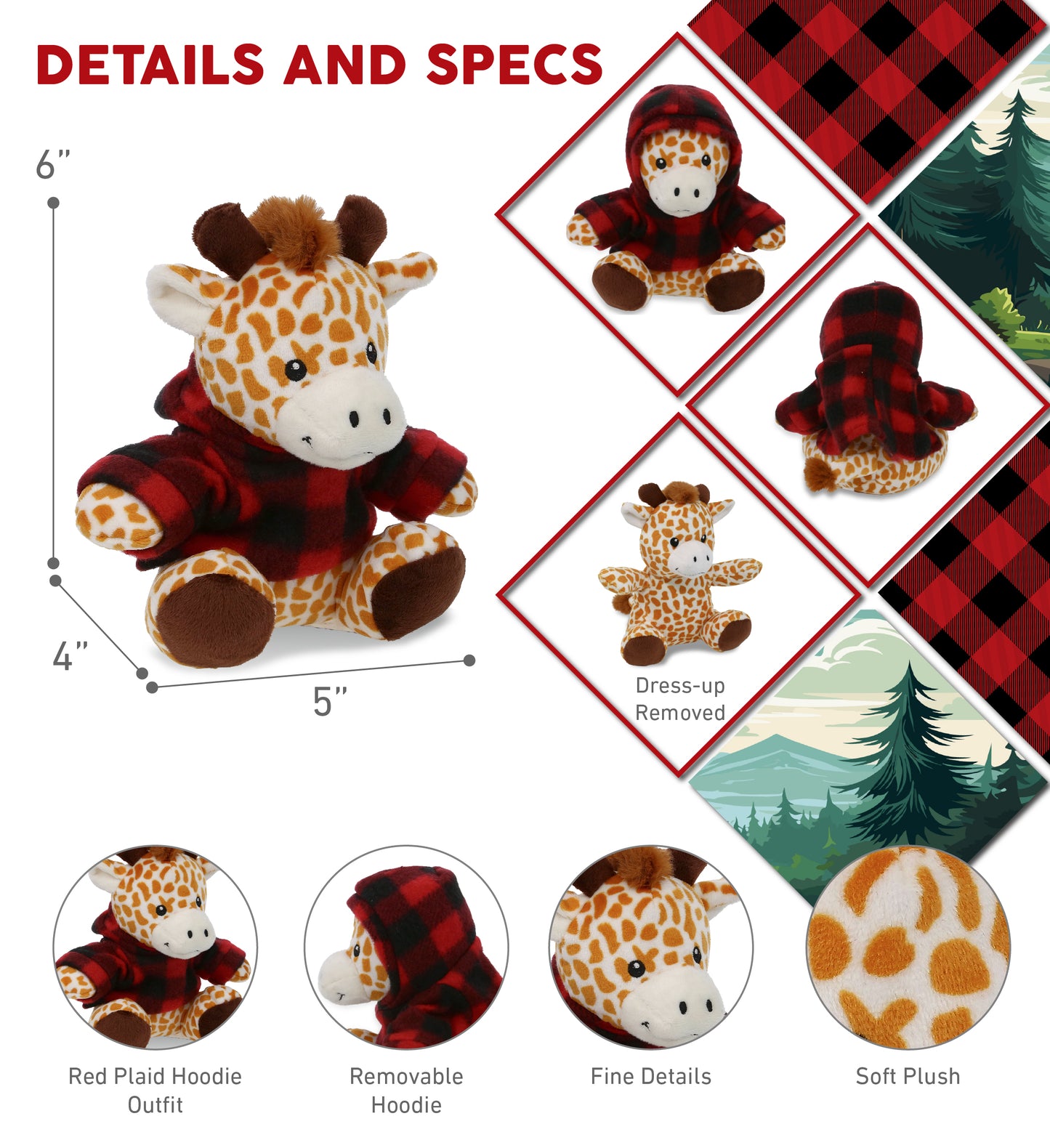 6" PLUSH - GIRAFFE WITH RED PLAID HOODIE