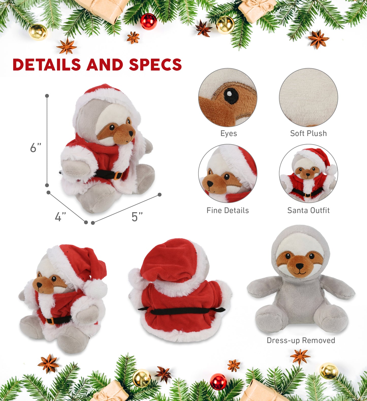 6" PLUSH - SLOTH WITH SANTA DRESS UP