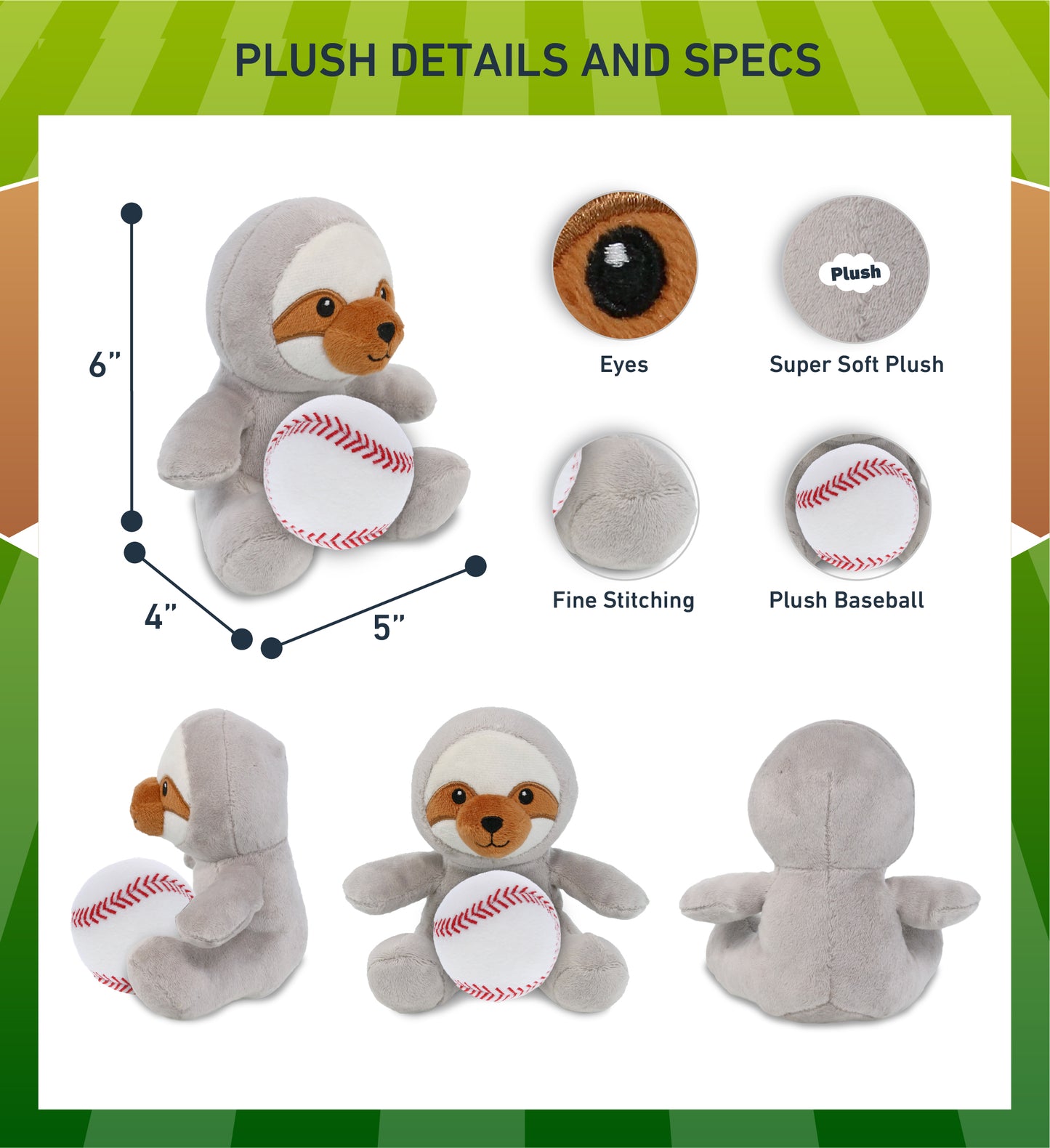 DolliBu Soft Huggable Sloth Stuffed Animal with Baseball Plush Toy - 6 Inches