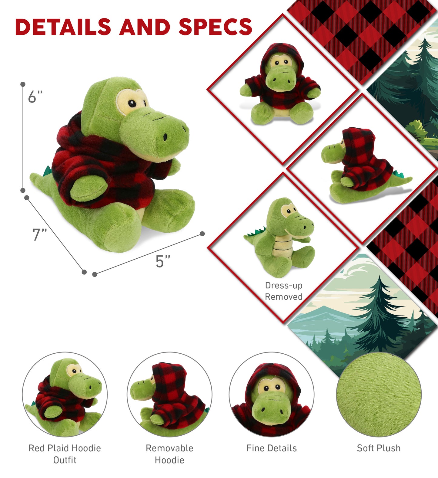 6" PLUSH - GATOR WITH RED PLAID HOODIE