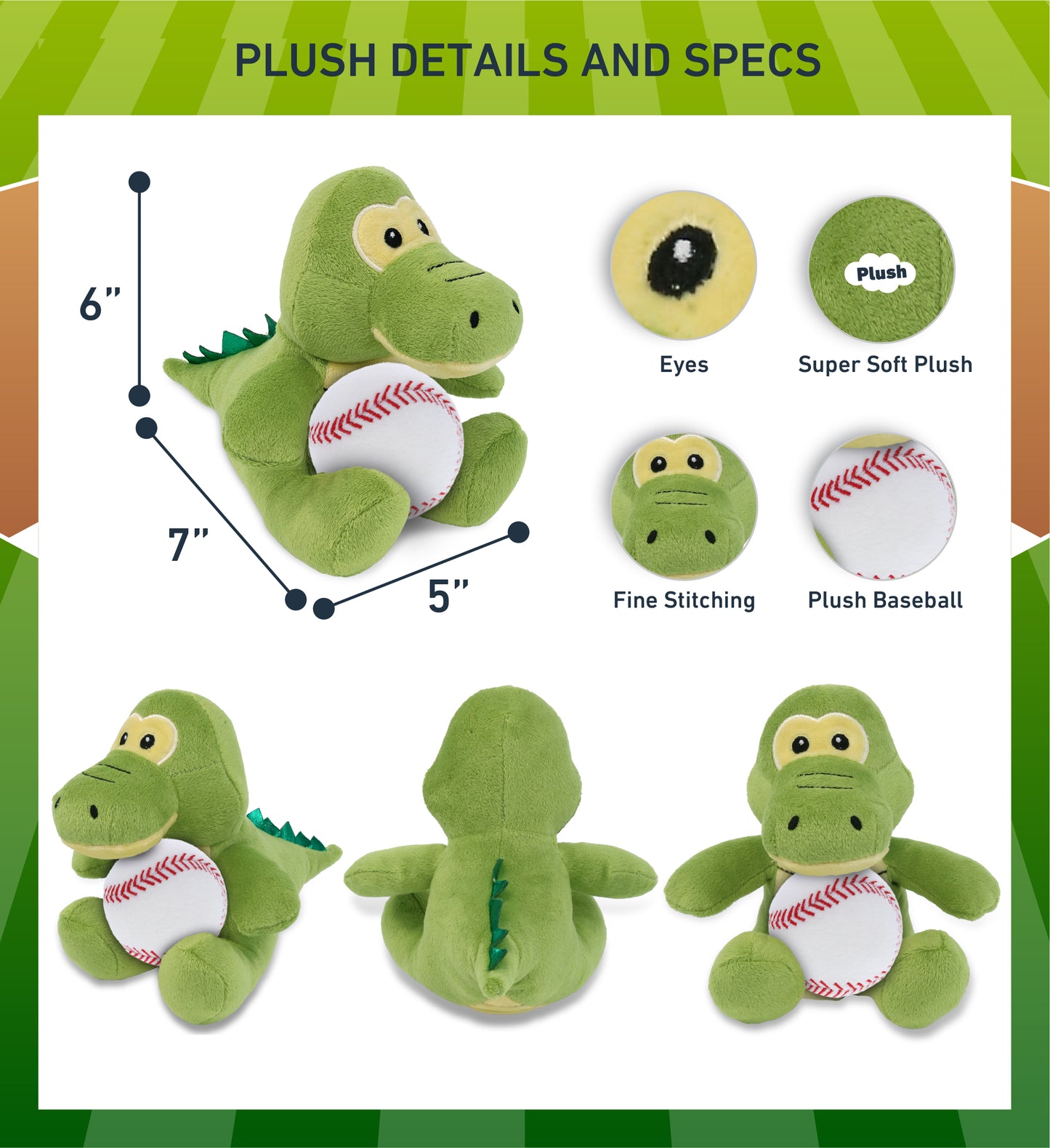 DolliBu Soft Huggable Gator Stuffed Animal with Baseball Plush Toy - 6 Inches