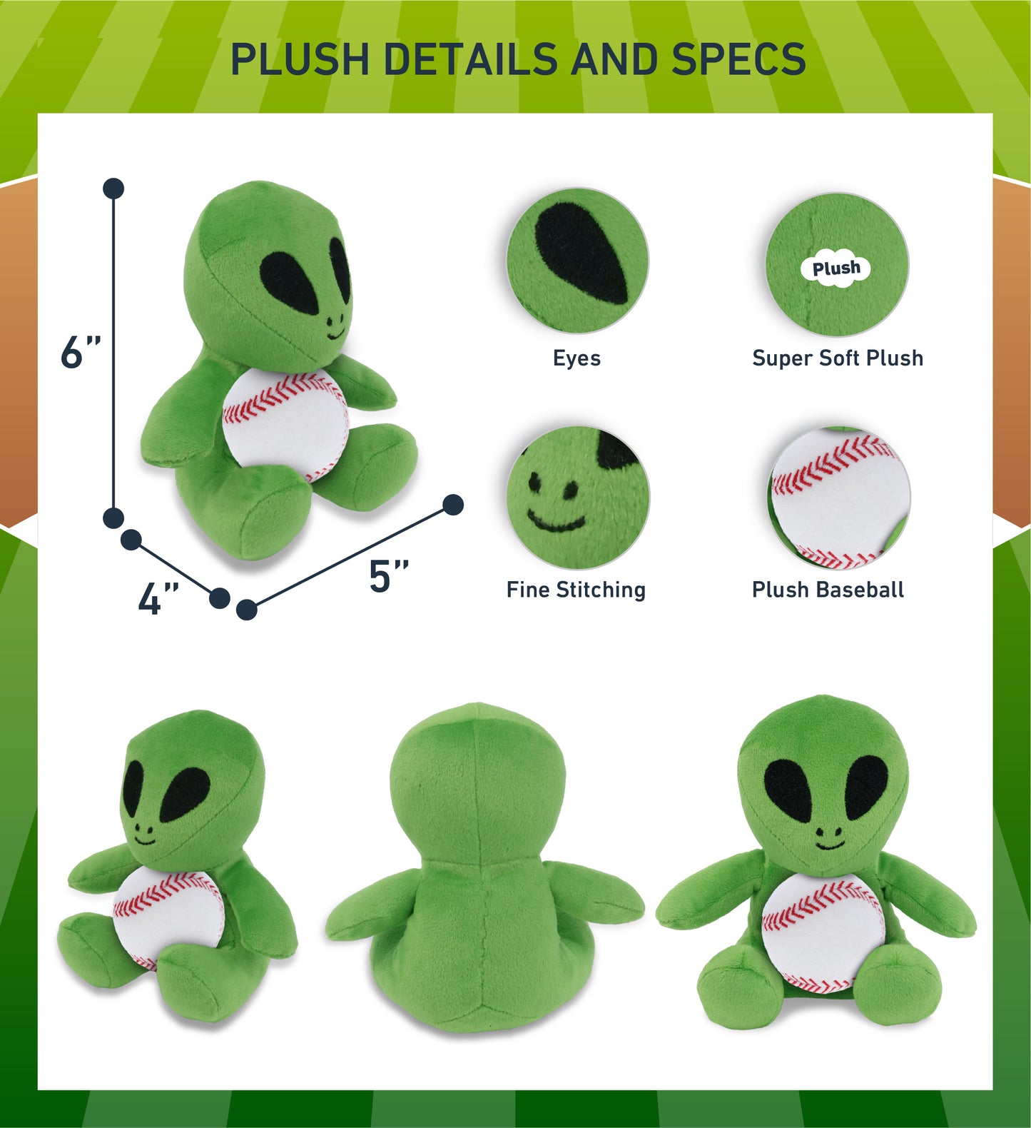 DolliBu Super Soft Space Alien Stuffed Toy with Baseball Plush Toy - 6 Inches