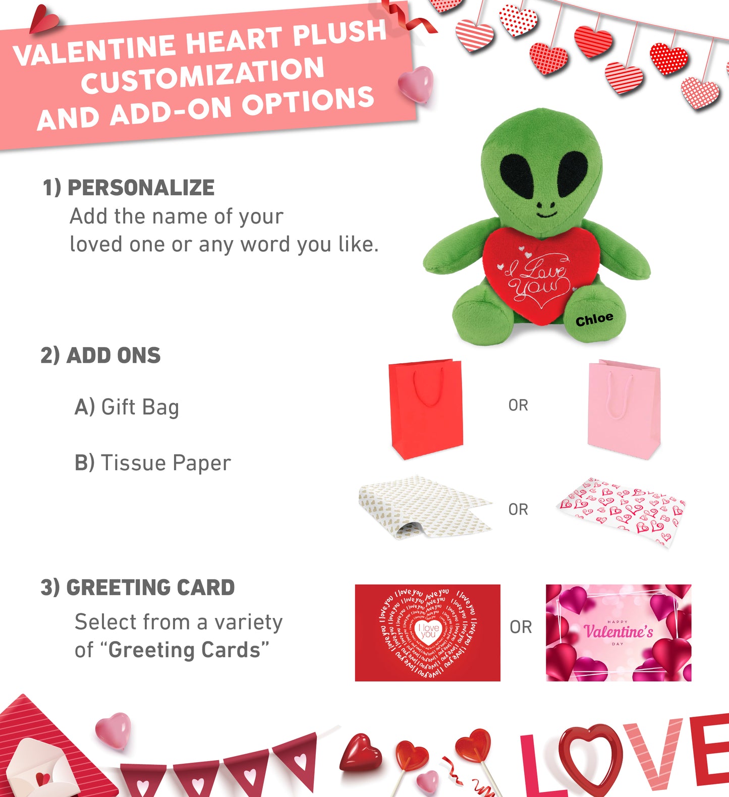 PLUSH I LOVE YOU RED HEART - 6" PLUSH - SPACE ALIEN