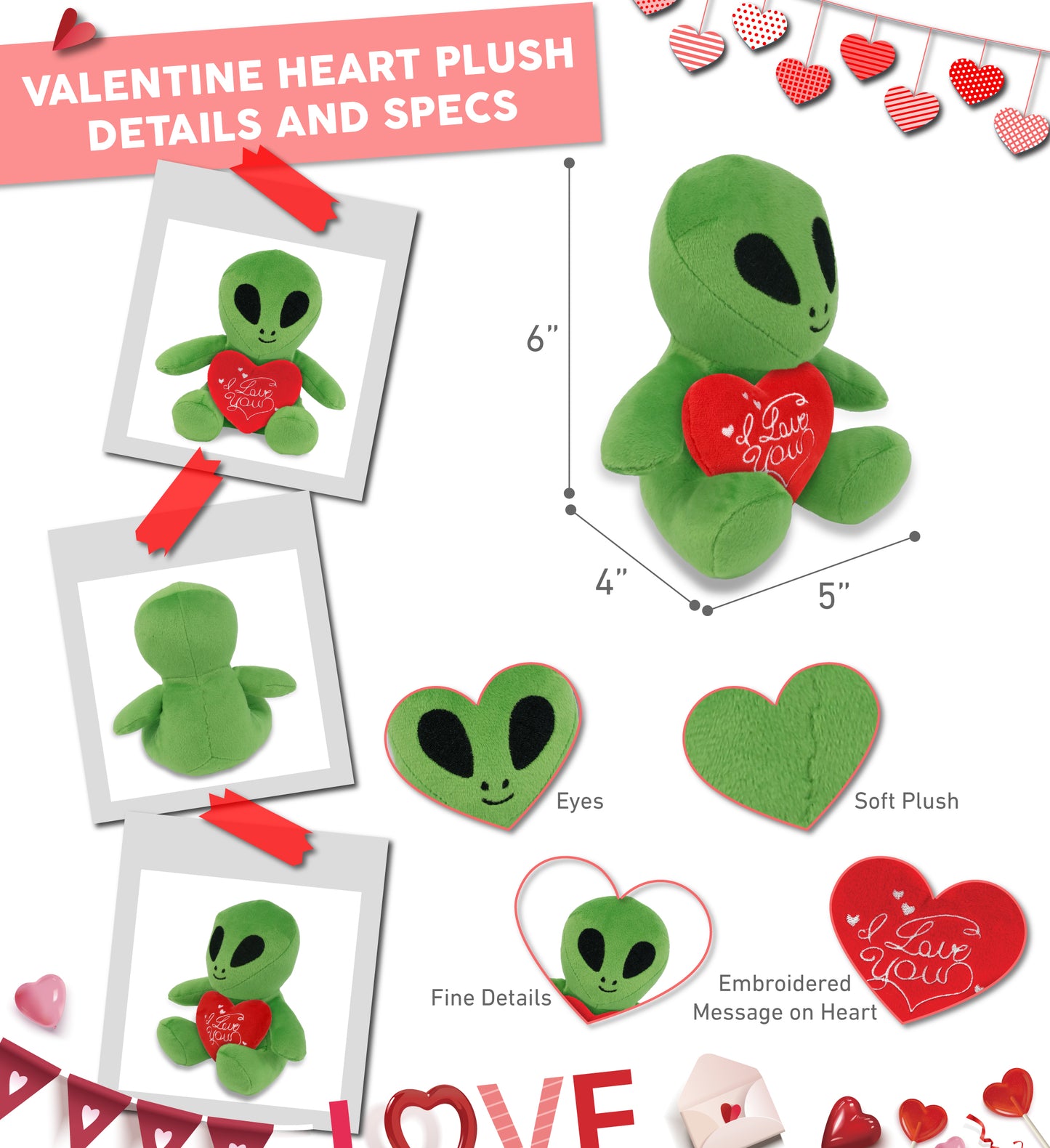 PLUSH I LOVE YOU RED HEART - 6" PLUSH - SPACE ALIEN