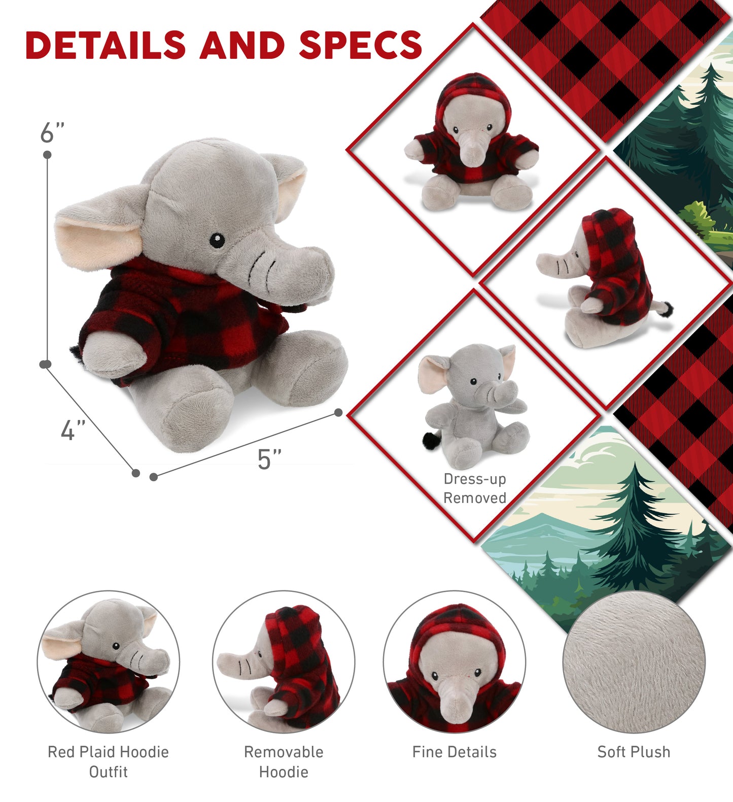 6" PLUSH - ELEPHANT WITH RED PLAID HOODIE