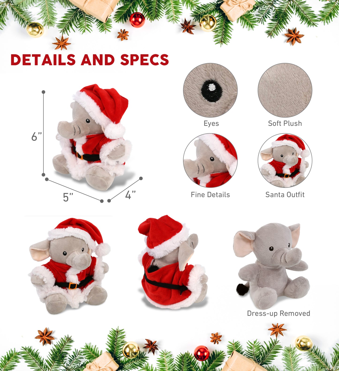 6" PLUSH - ELEPHANT WITH SANTA DRESS UP