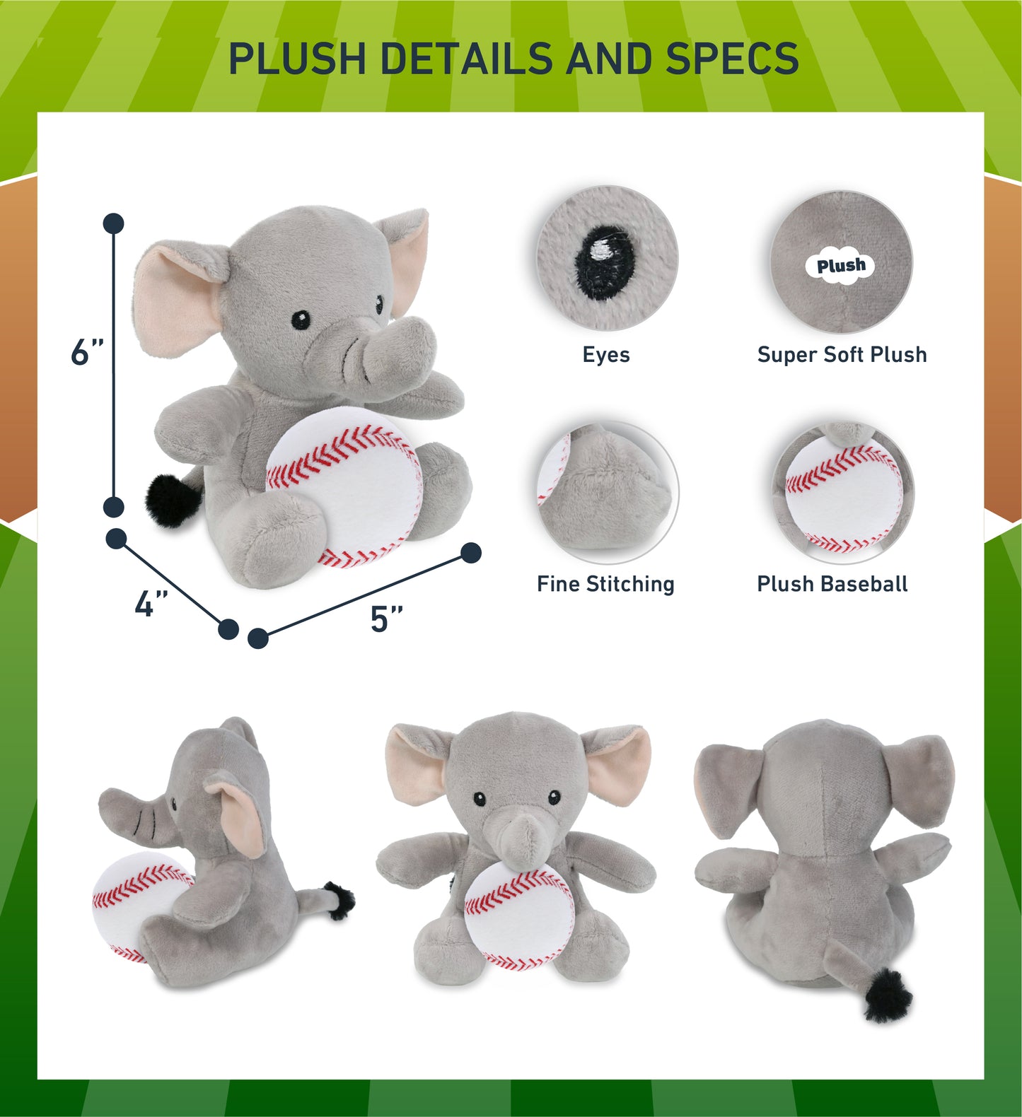 DolliBu Soft Huggable Elephant Stuffed Animal with Baseball Plush - 6 Inches
