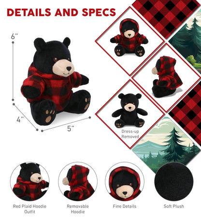6" PLUSH - BLACK BEAR WITH RED PLAID HOODIE
