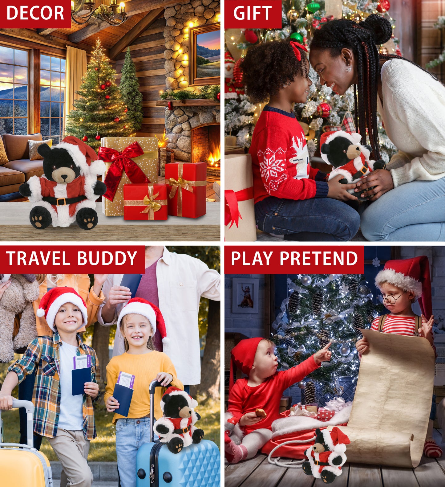 6" PLUSH - BLACK BEAR WITH SANTA DRESS UP